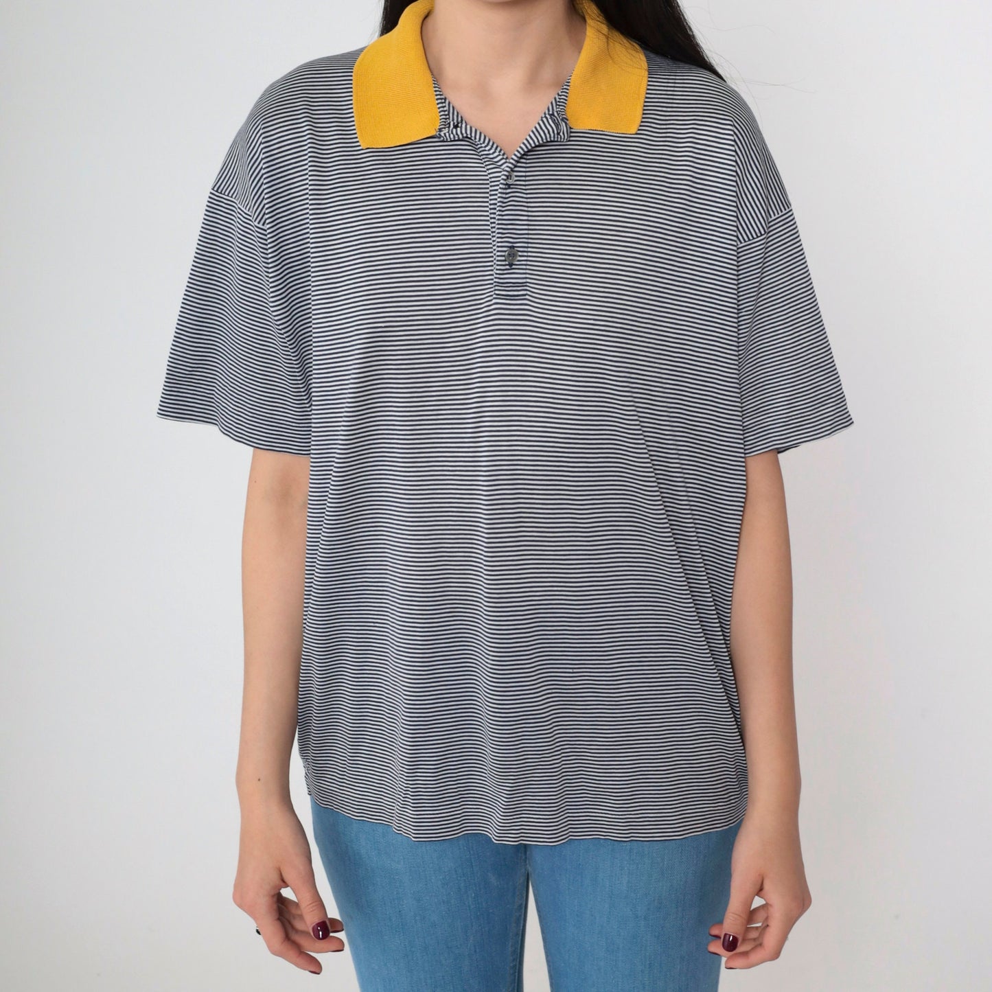 90s Della Rovere Polo Shirt Navy Striped Yellow Collar Quarter Button Large