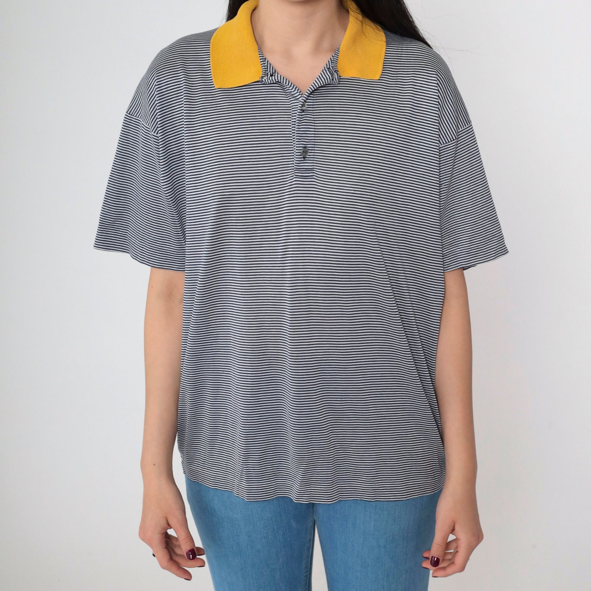 90s Della Rovere Polo Shirt Navy Striped Yellow Collar Quarter Button Large