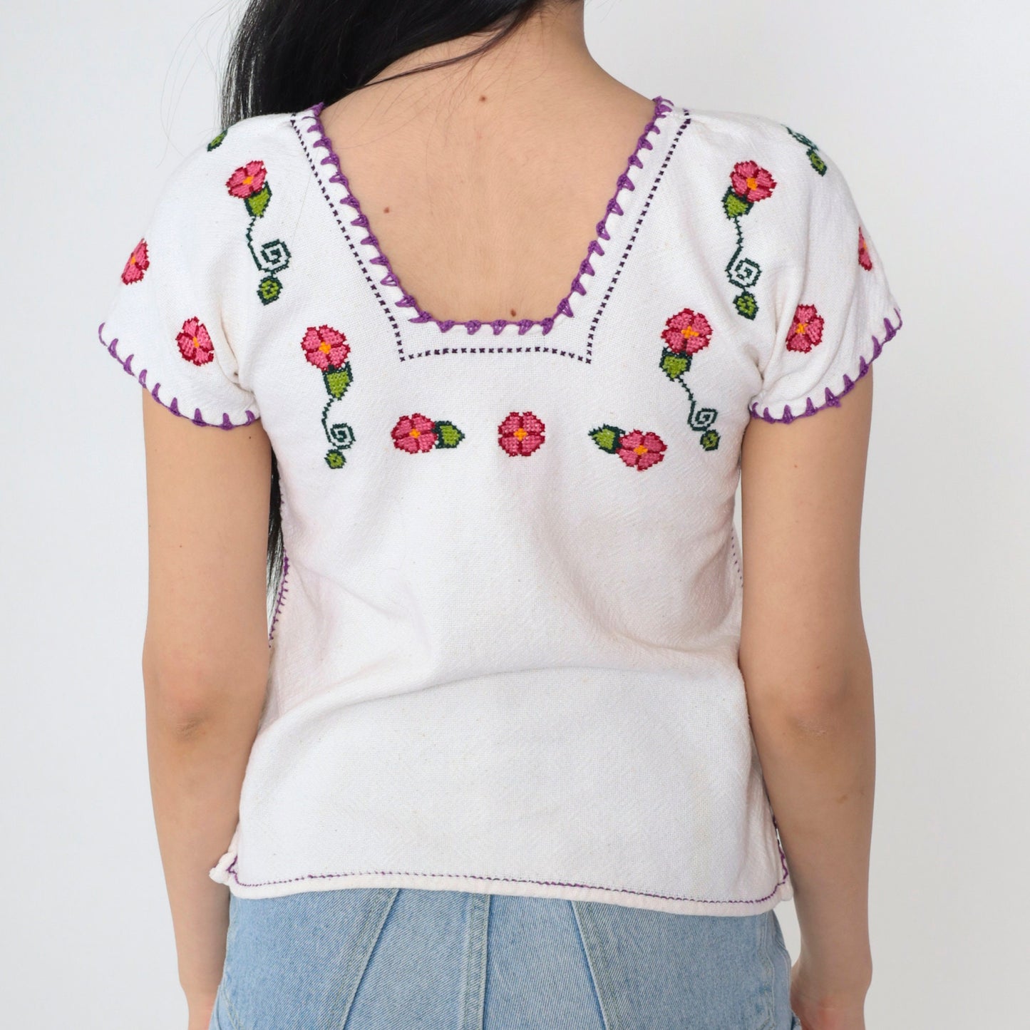 90s Cross Stitch Fairy Embroidered Floral Blouse White Mexican Top XXS
