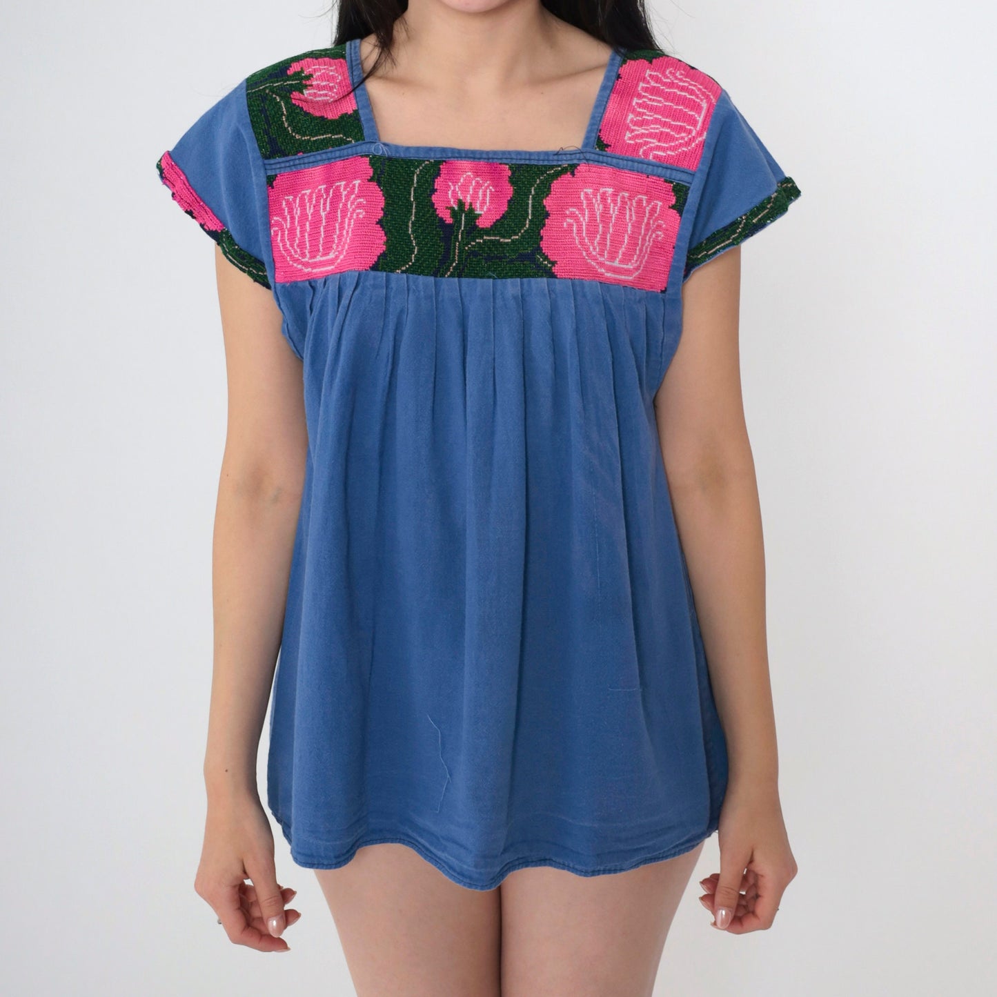 90s Mexican Embroidered Floral Blouse Blue Cap Sleeve Tunic Small