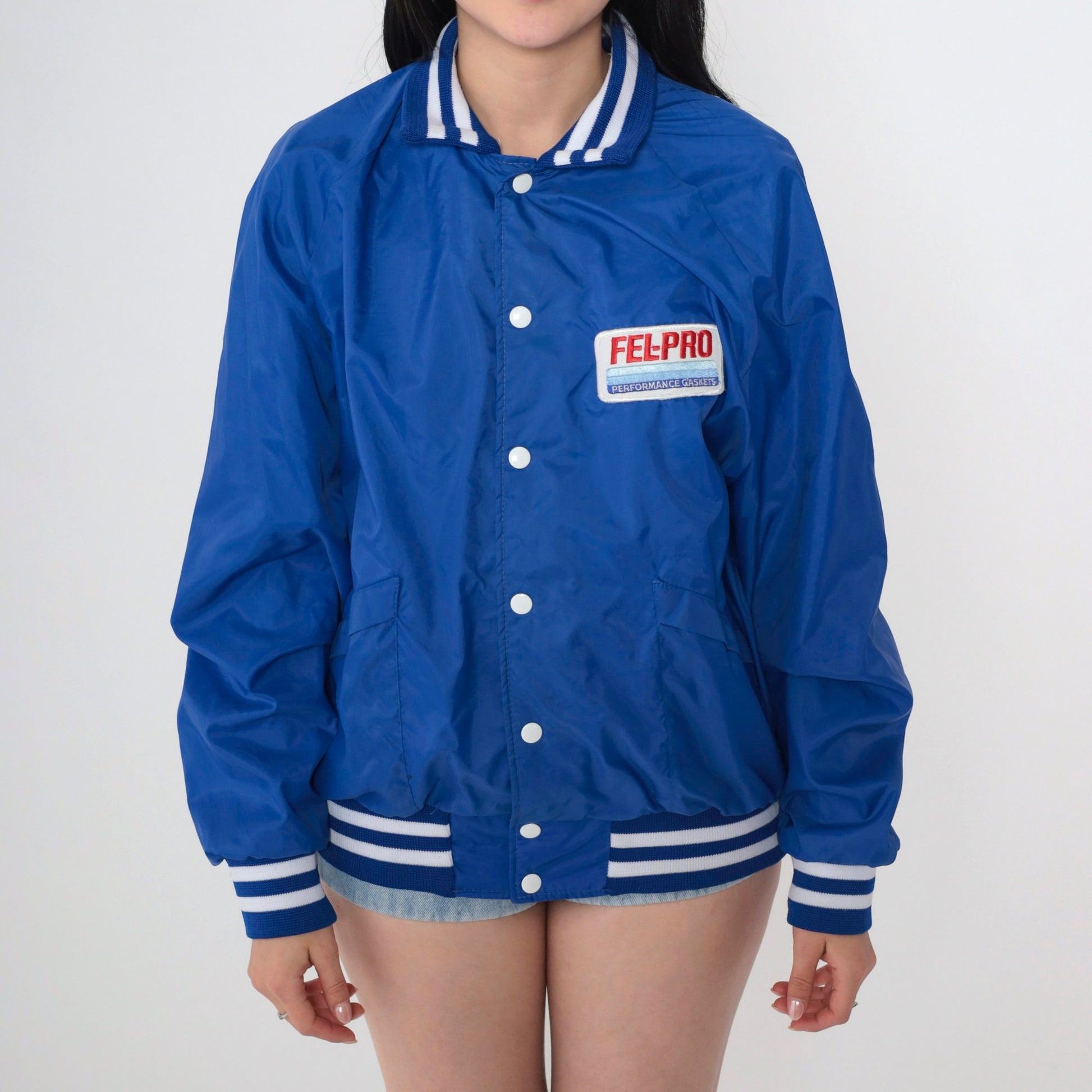 90s Fel-Pro Performance Gaskets Racing Bomber Jacket Blue Nylon Large