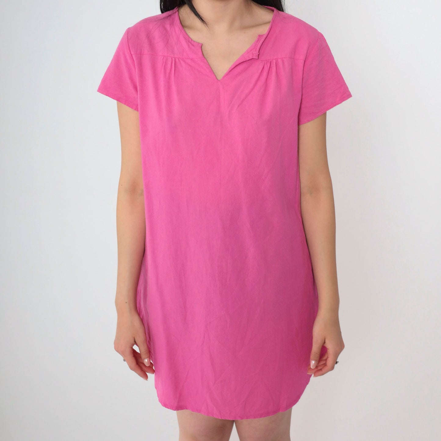 90s Pink T-Shirt Dress Micro Mini Slit Neckline Short Sleeve Small S