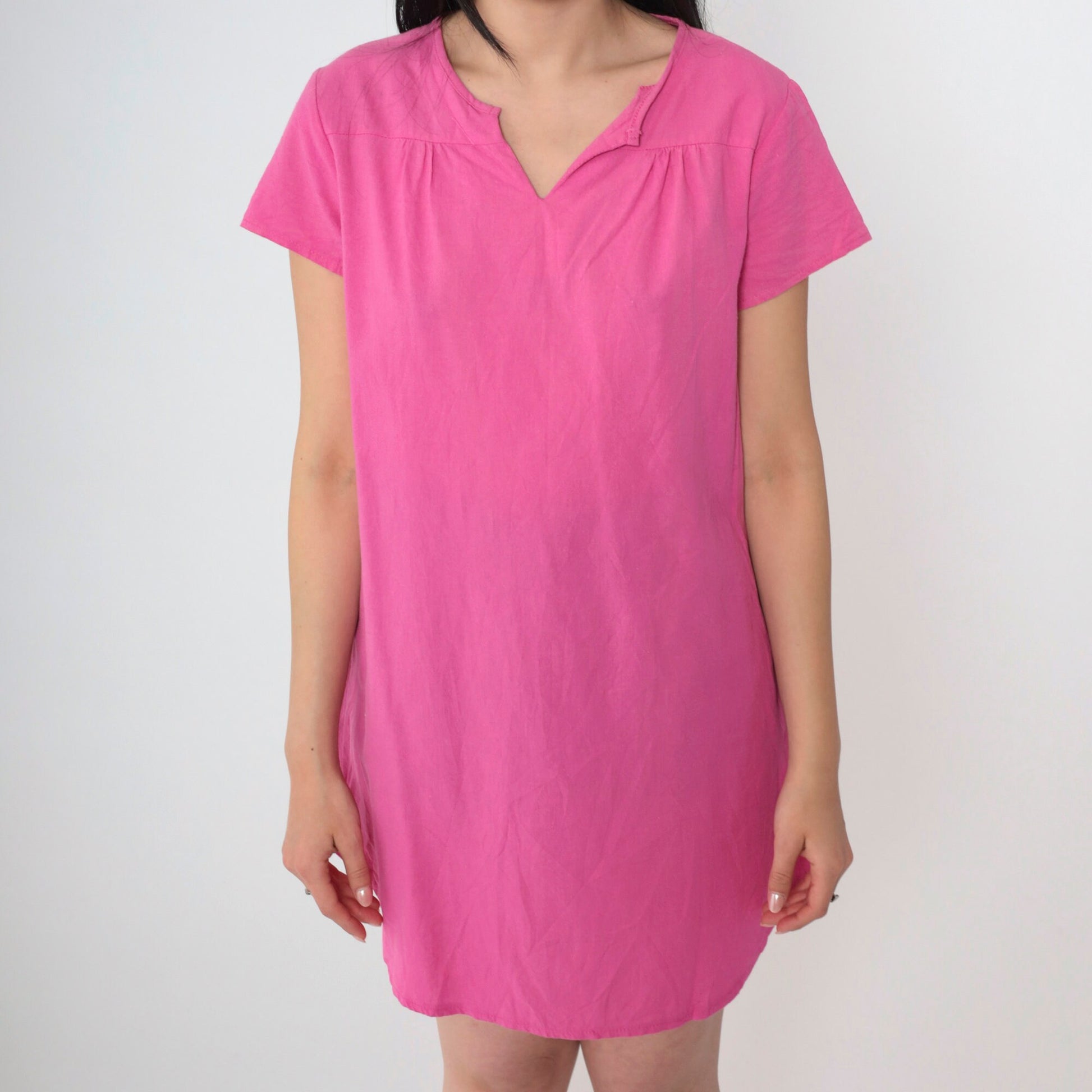 90s Pink T-Shirt Dress Micro Mini Slit Neckline Short Sleeve Small S