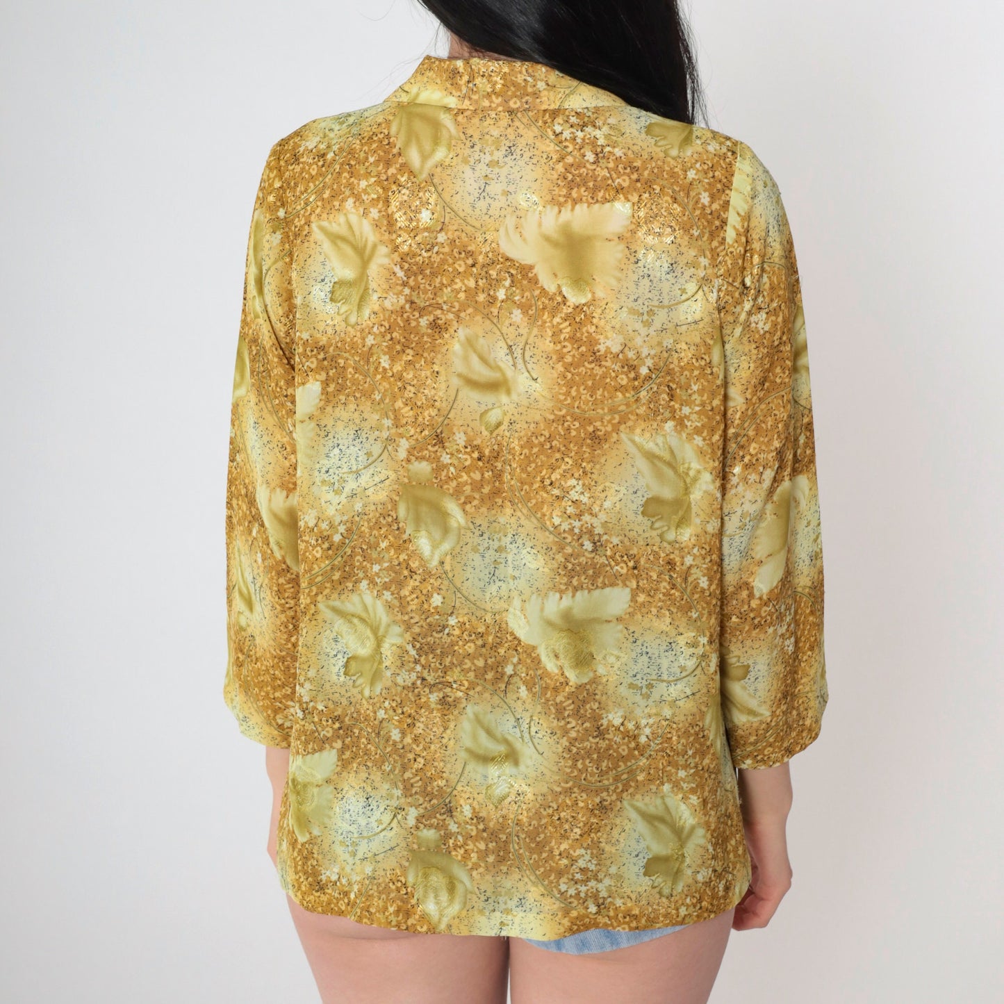 90s Embossed Floral Button-Up Blouse Long Sleeve Green Yellow Pointed Collar Medium