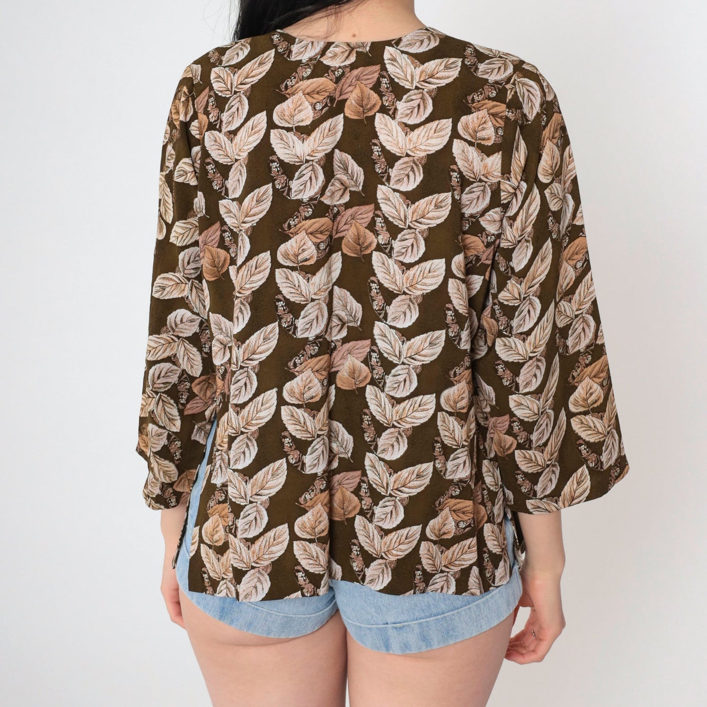00s Brown Leaf Print Button-Up Blouse 3/4 Sleeve Pocket Shirt Small