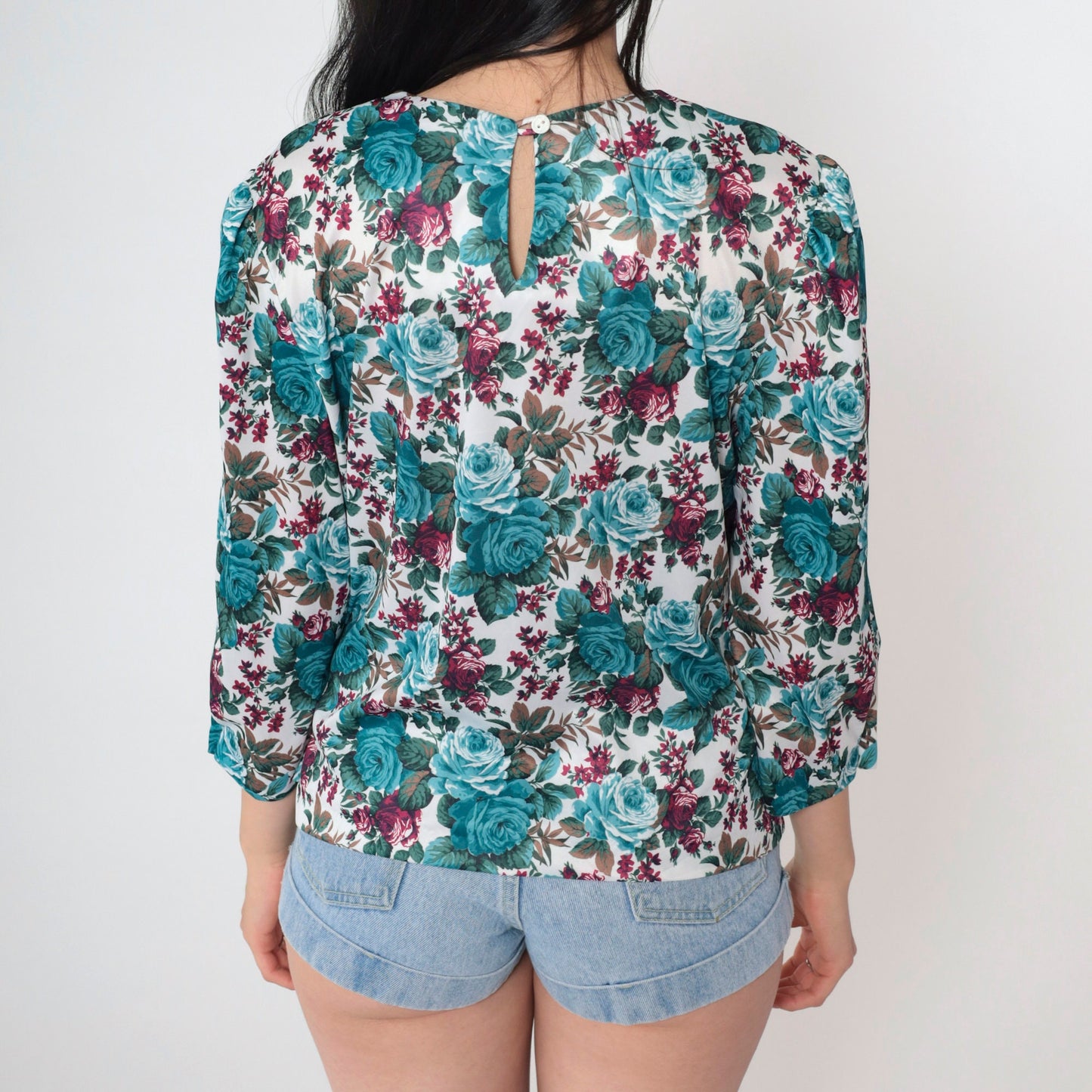 80s Whirlaway Frocks Floral Blouse Puff Sleeve Rose Print Turquoise Medium