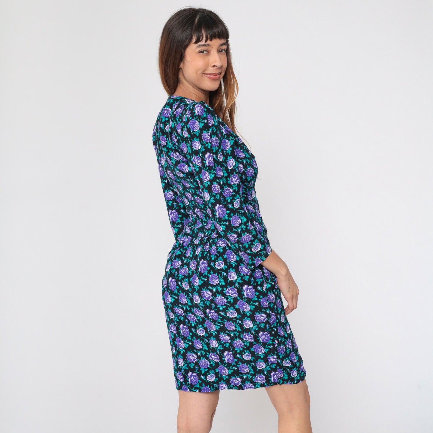90s All That Jazz Black Floral Mini Dress Puff Sleeve Button-Up Small S