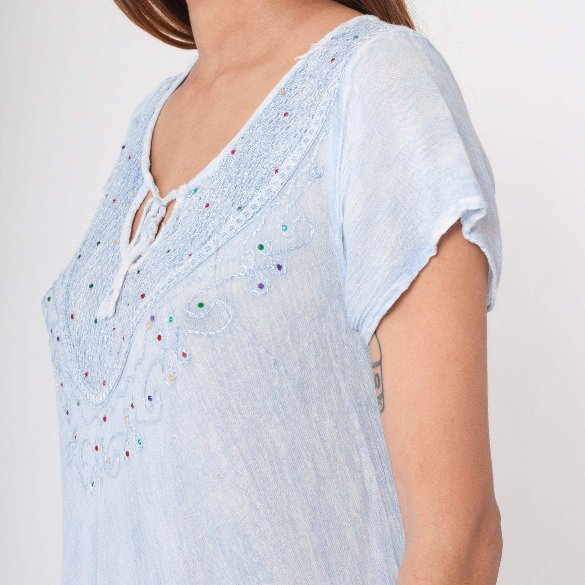 Y2K Tie Dye Baby Blue Midi Dress Rhinestone Embroidered Keyhole Neck