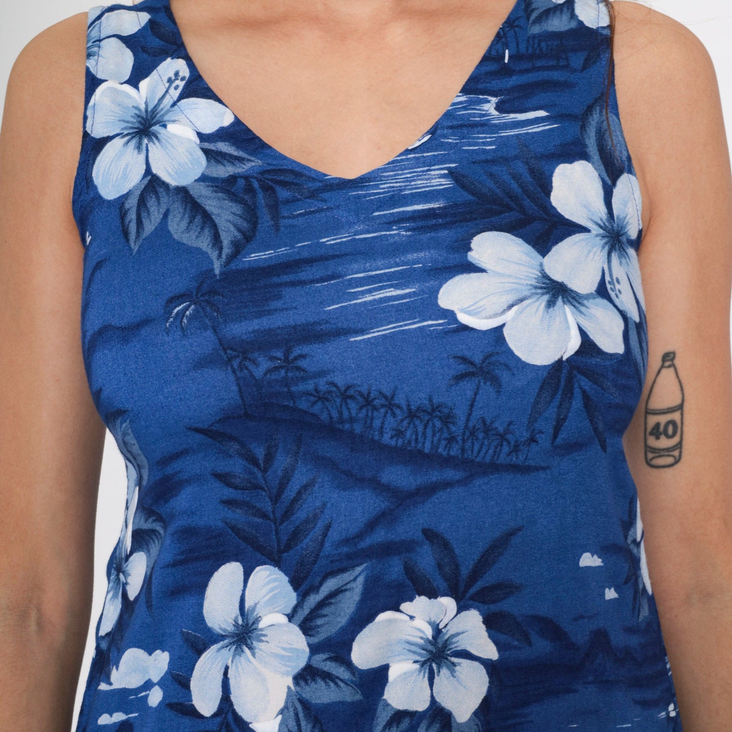 00s Peppermint Bay Hawaiian Tropical Mini Dress Blue Floral Palm Tree Extra Small