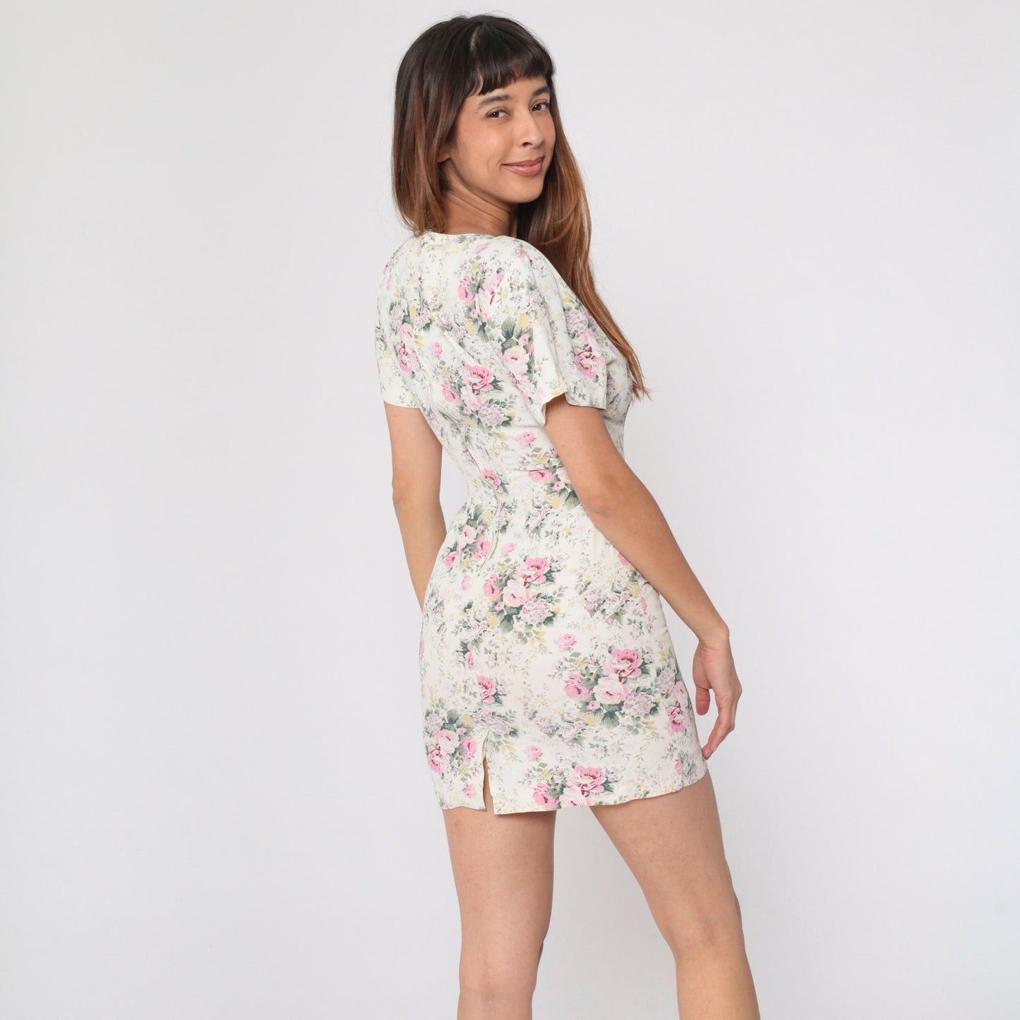 90s Cream Floral Mini Dress Rose Print Short Sleeve Pencil Extra Small XS