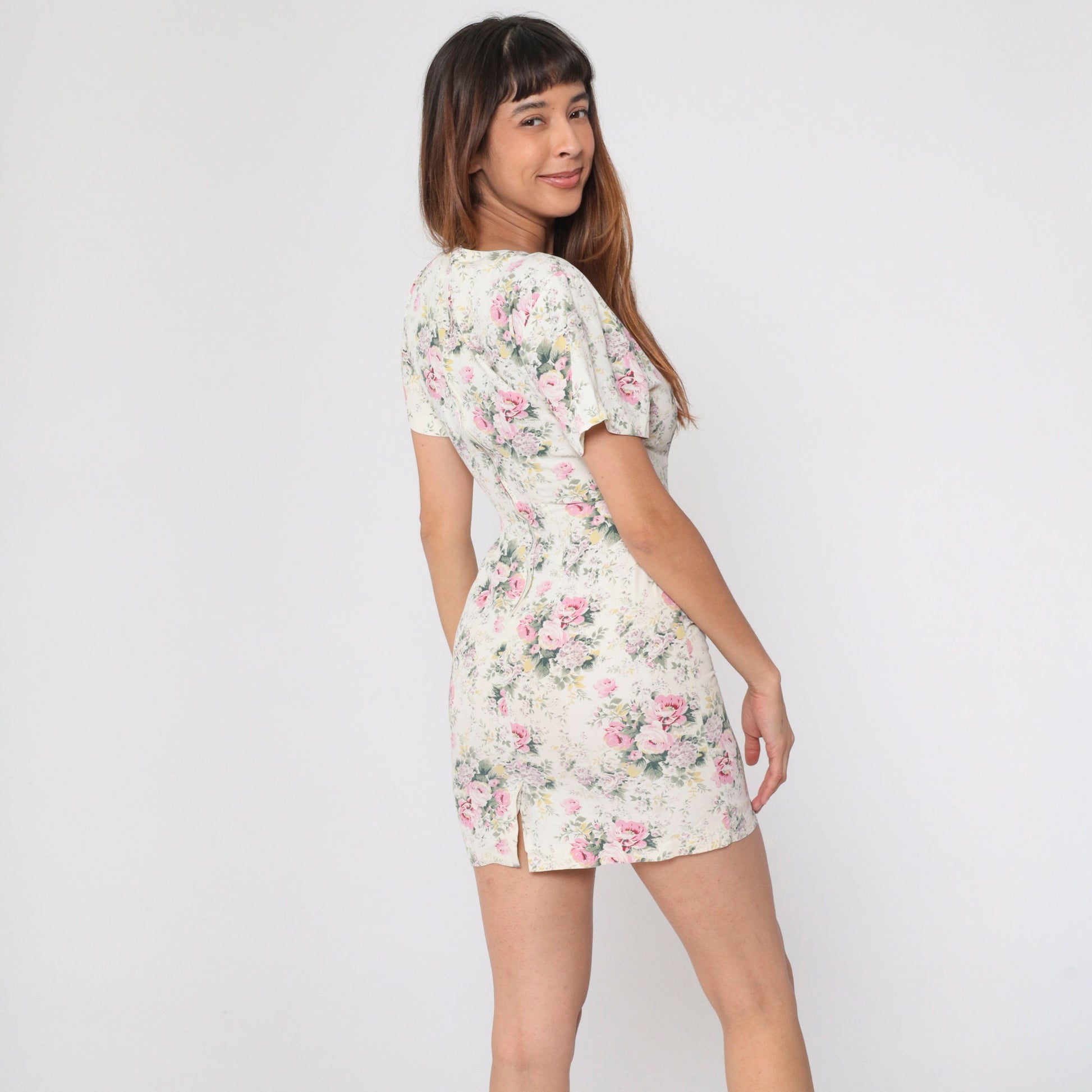 90s Cream Floral Mini Dress Rose Print Short Sleeve Pencil Extra Small XS