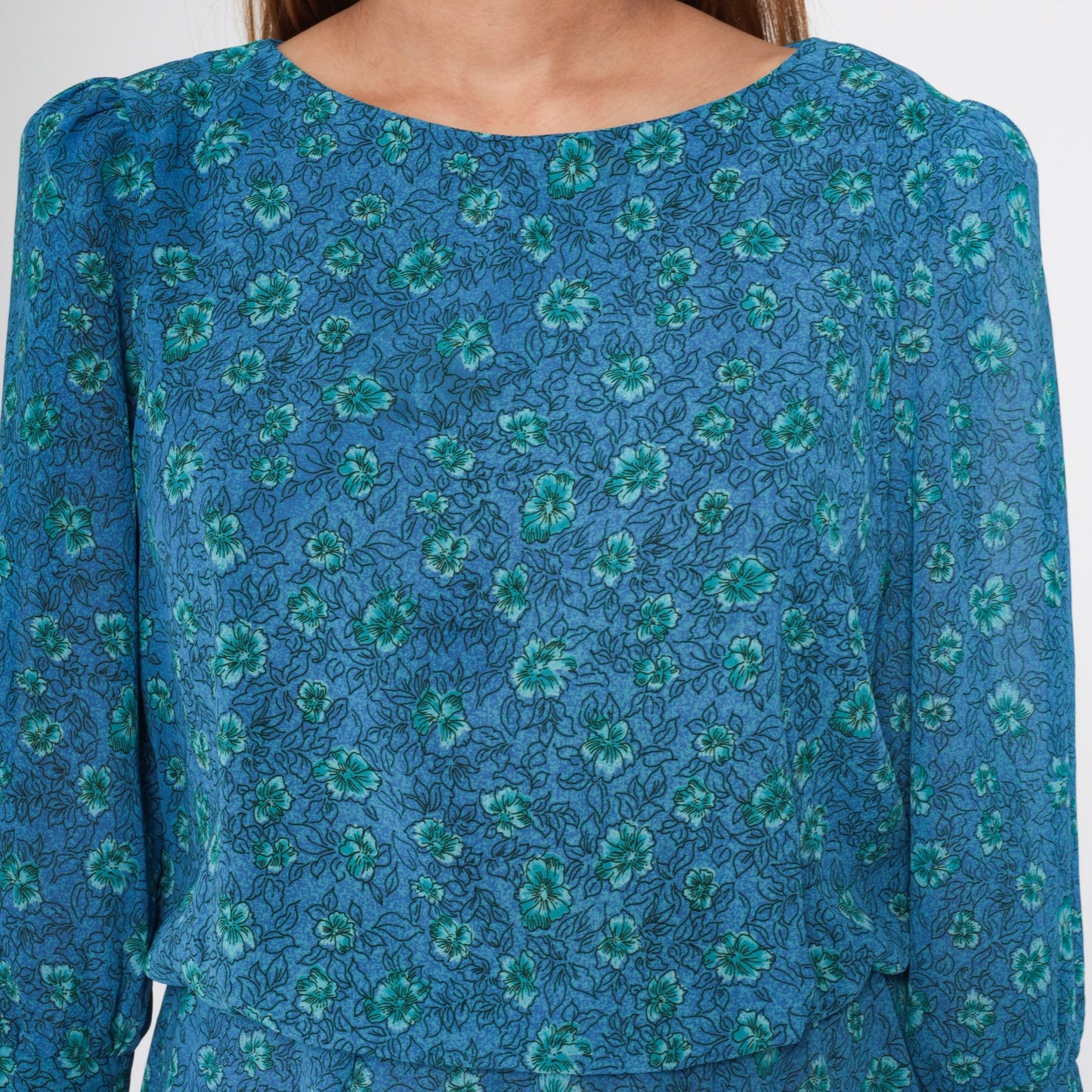 90s Blue Floral Midi Dress Puff Sleeve High Waist Blouson Medium M