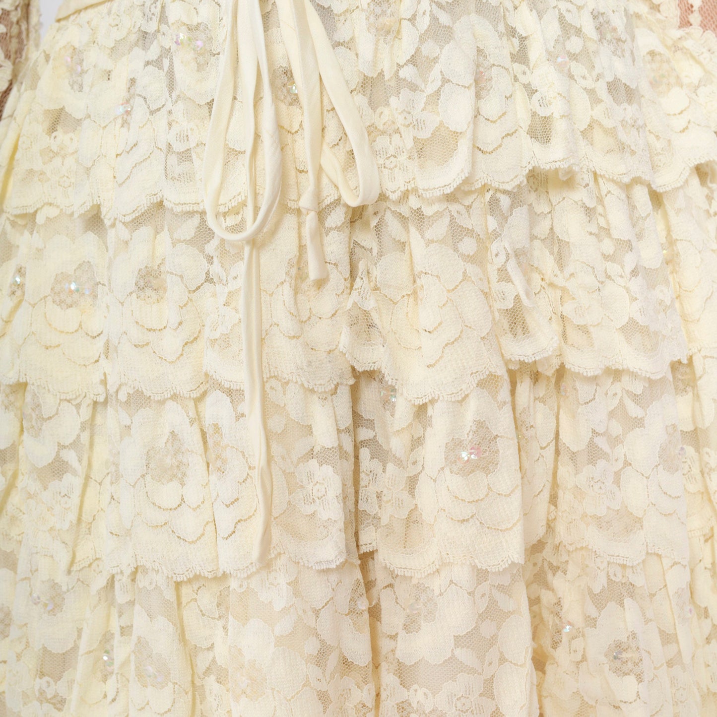 1960s Cream Floral Lace Midi Dress Puff Sleeve High Waist Tiered Ruffle XXS