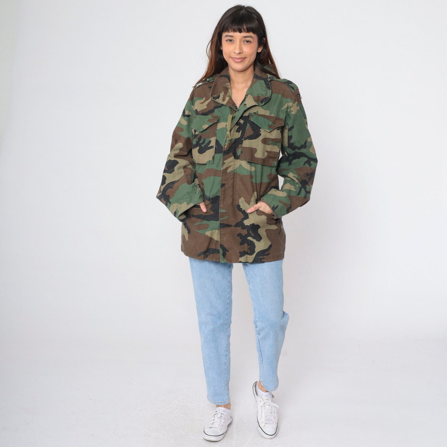 90s Military Camouflage Hooded Jacket Green Cargo Zip Snap Small