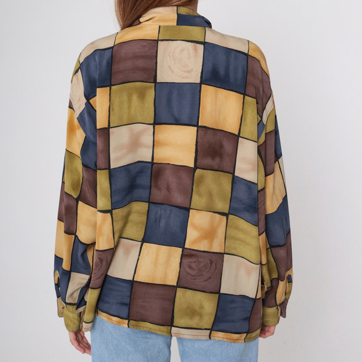 90s Checkerboard Button-Up Blouse Multicolor Long Sleeve Collared Shirt Extra Large XXL
