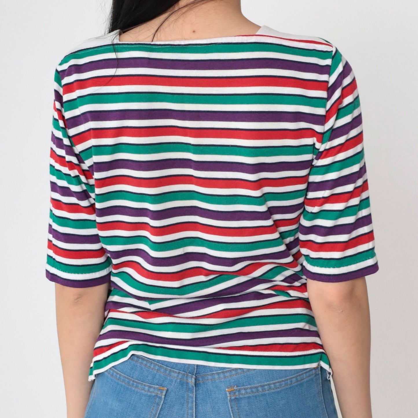 90s Multistripe Boatneck T-Shirt Short Sleeve Red Green Purple Small