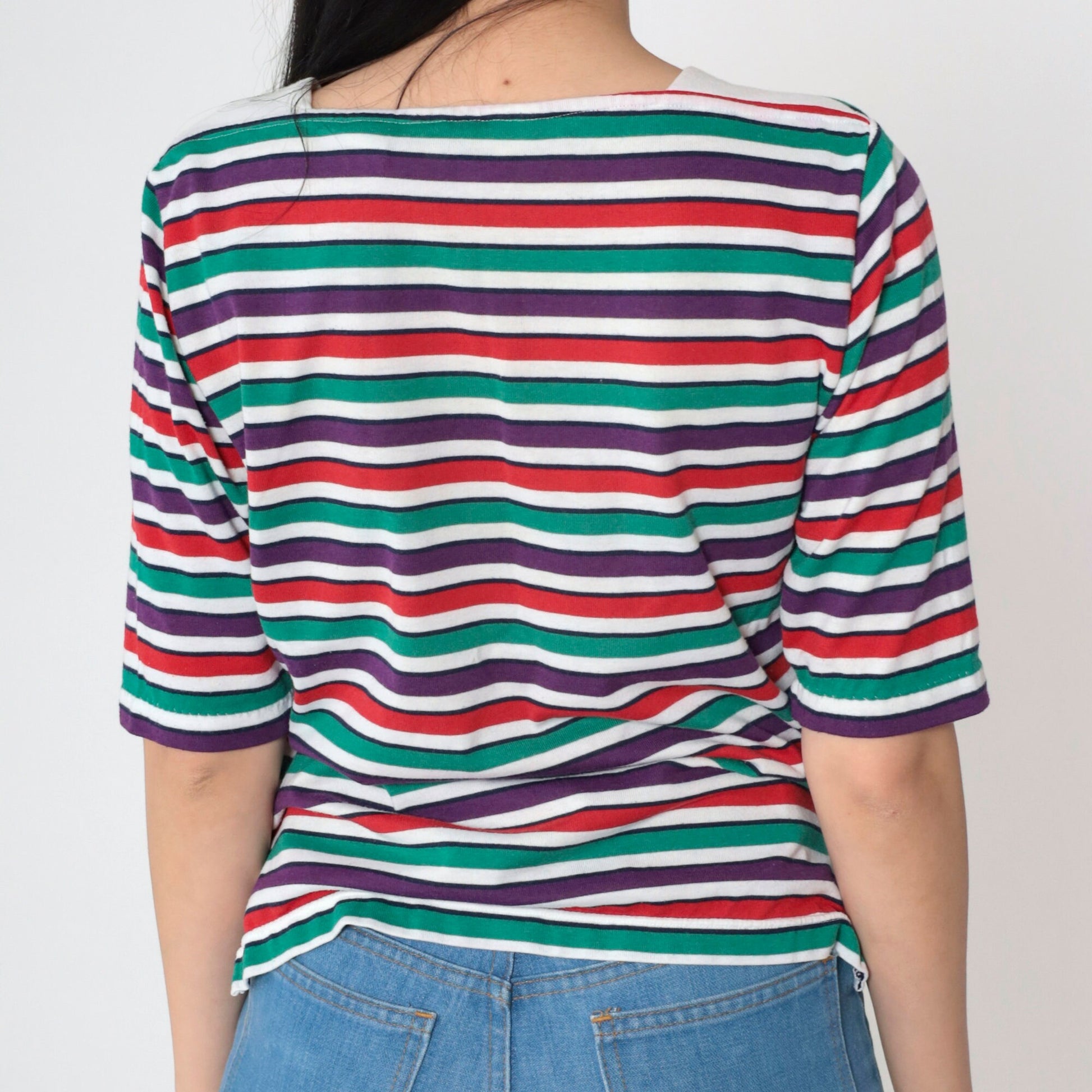90s Multistripe Boatneck T-Shirt Short Sleeve Red Green Purple Small