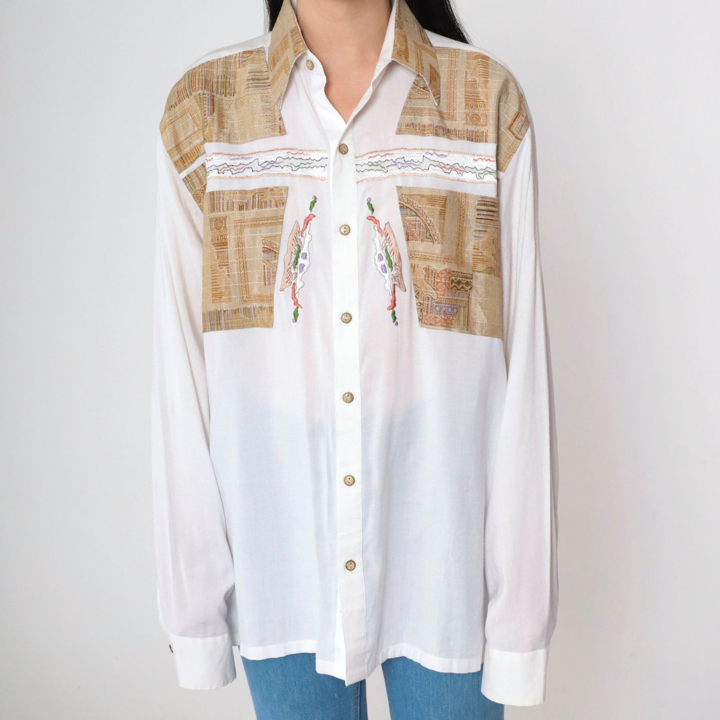 90s White Embroidered Button-Up Shirt Geometric Yoke Long Sleeve Large L