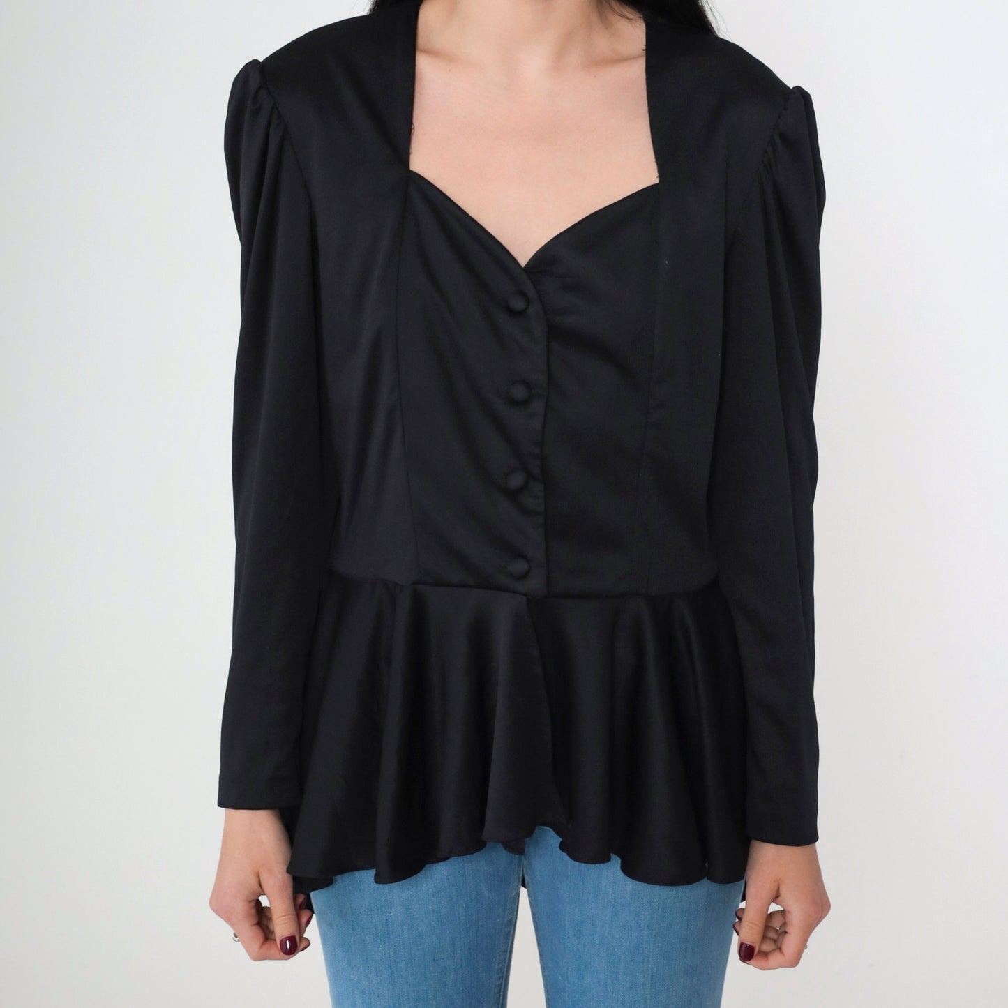80s Black Lace Blouse Puff Sleeve Peplum High Low Sweetheart Neckline Medium