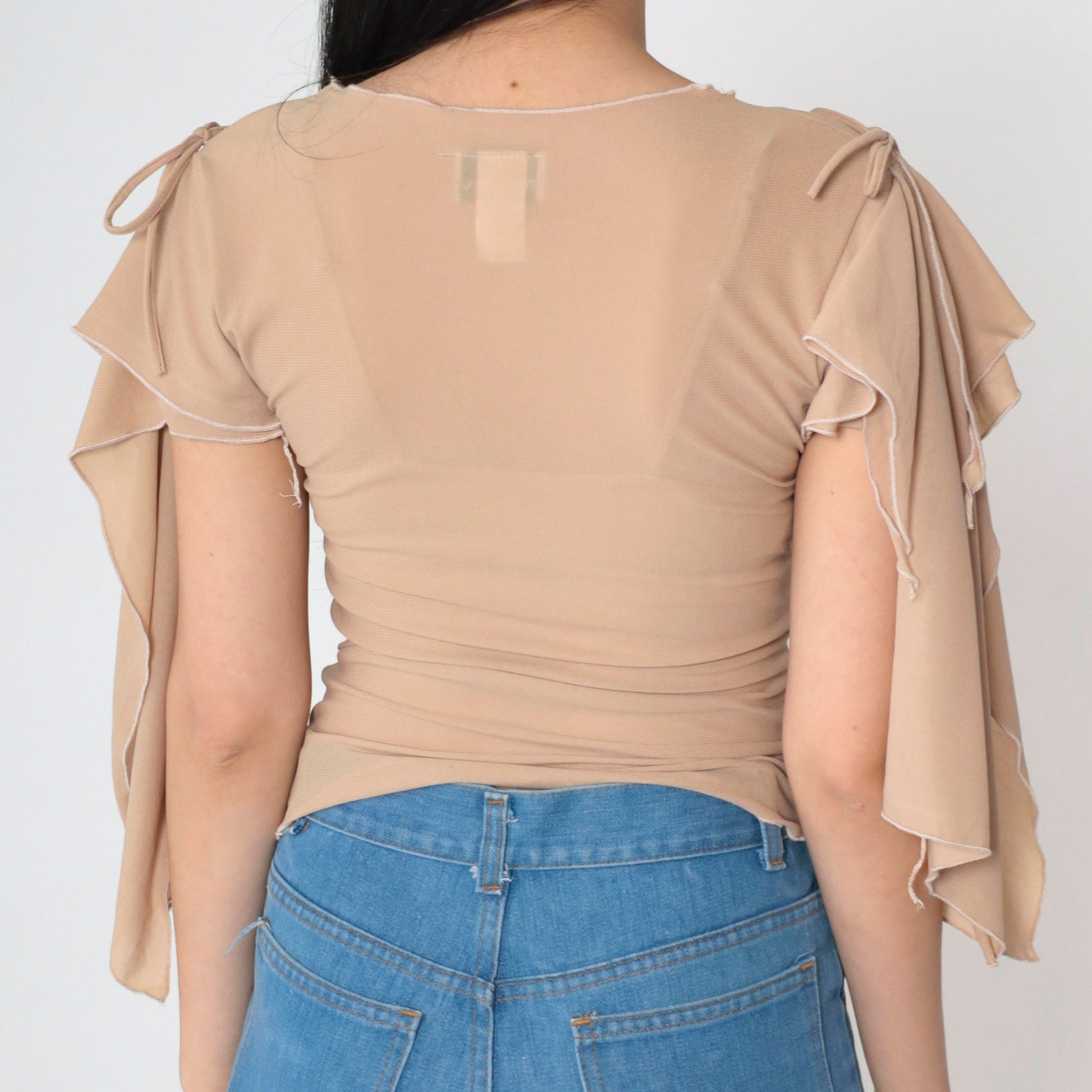 Y2K Nina Piu Sheer Mesh Top Tan Cape Sleeve V-Neck Small S