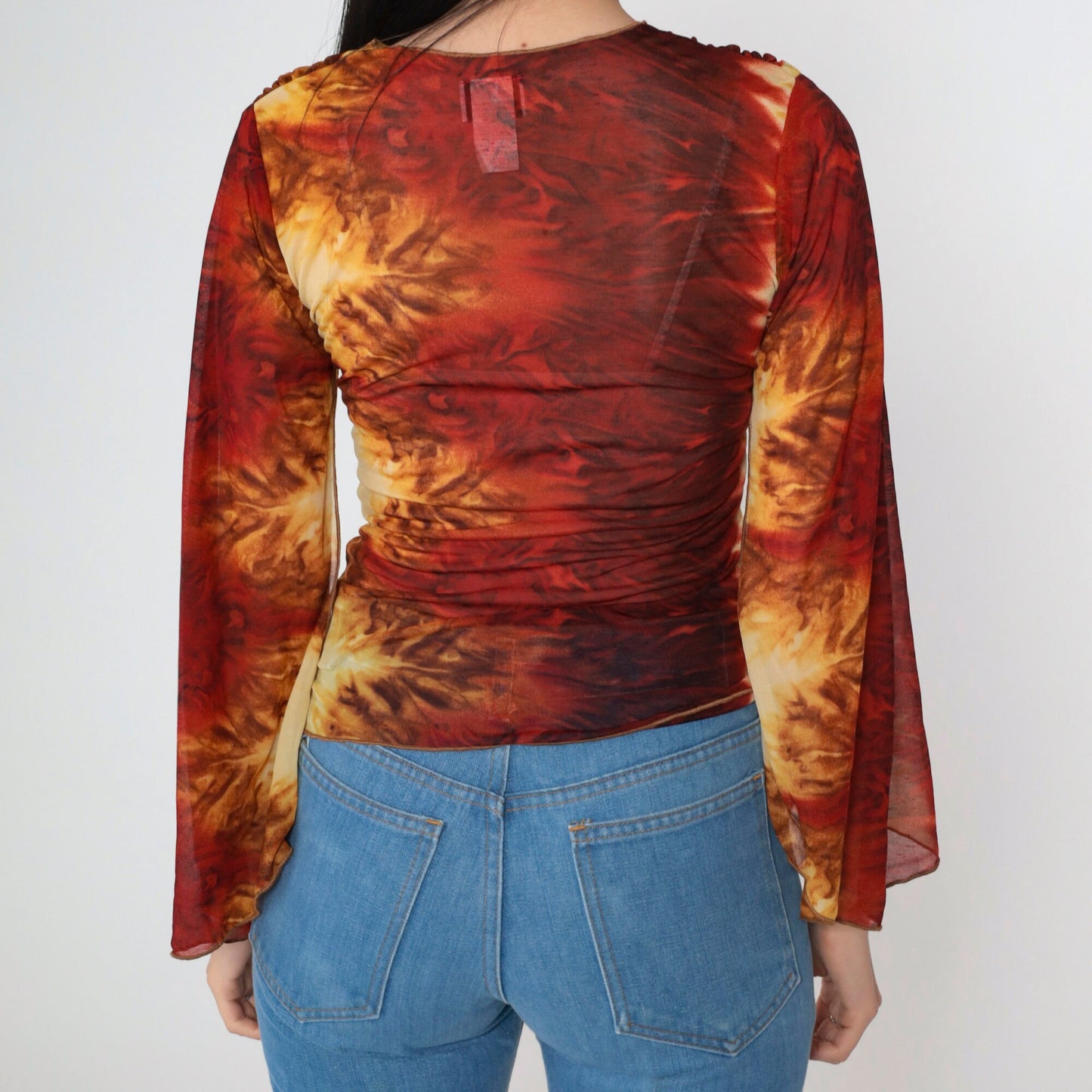 Y2K Tie Dye Mesh Lace Up Corset Blouse Bell Sleeve V Neck Small S