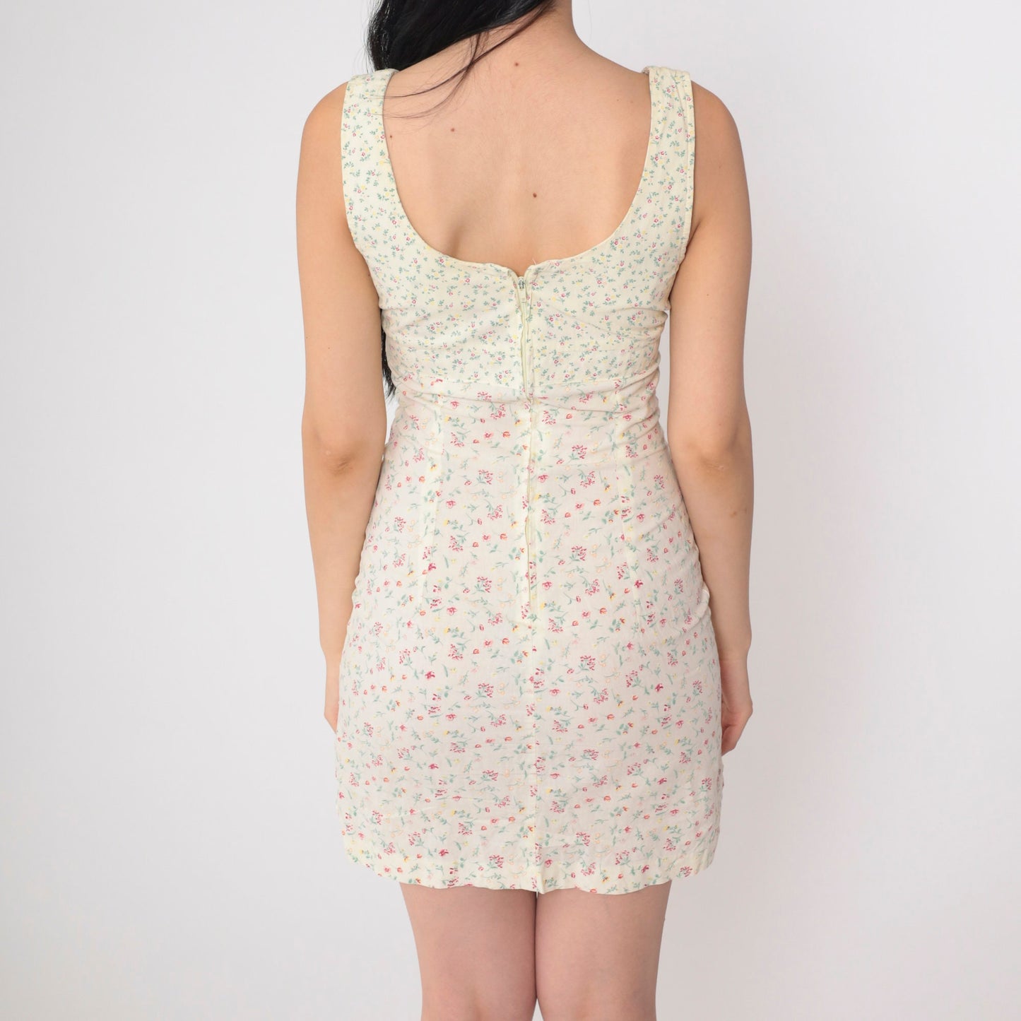 90s City Triangles Floral Mini Dress Pale Yellow Empire Waist Extra Small