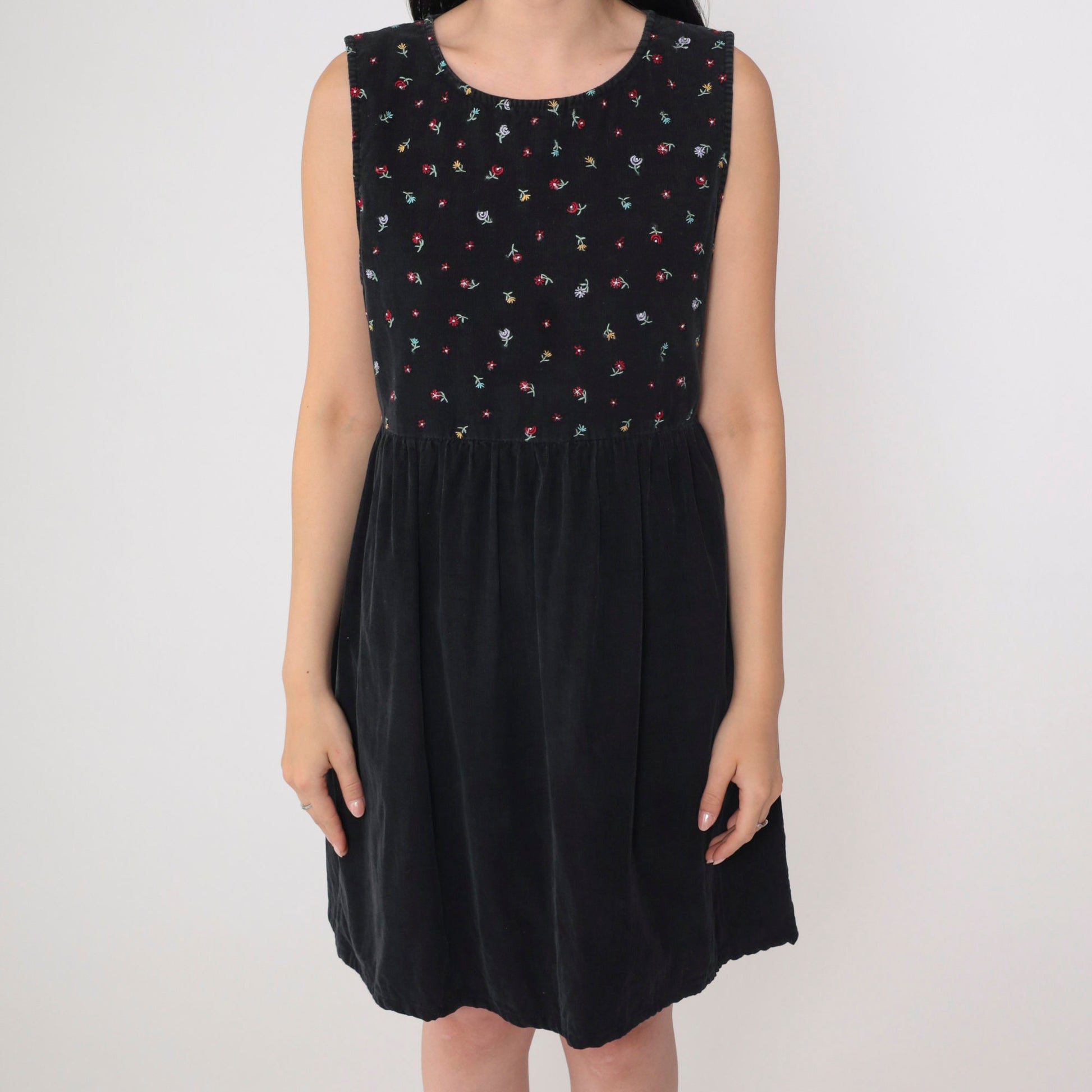 90s Black Corduroy Mini Dress Floral Embroidered High Waist Sleeveless Small
