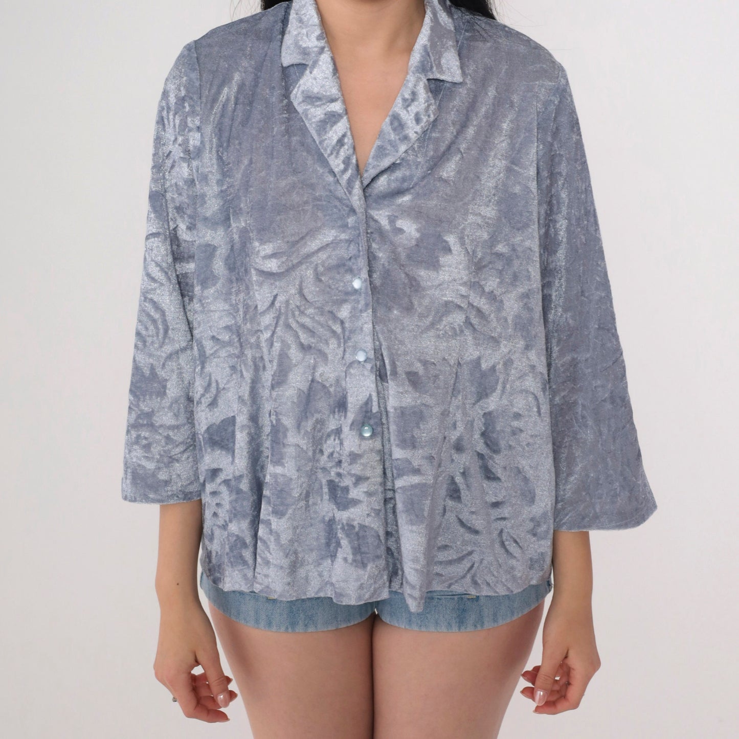 00s Floral Velour Button-Up Blouse Blue 3/4 Sleeve Collared Top Medium Large