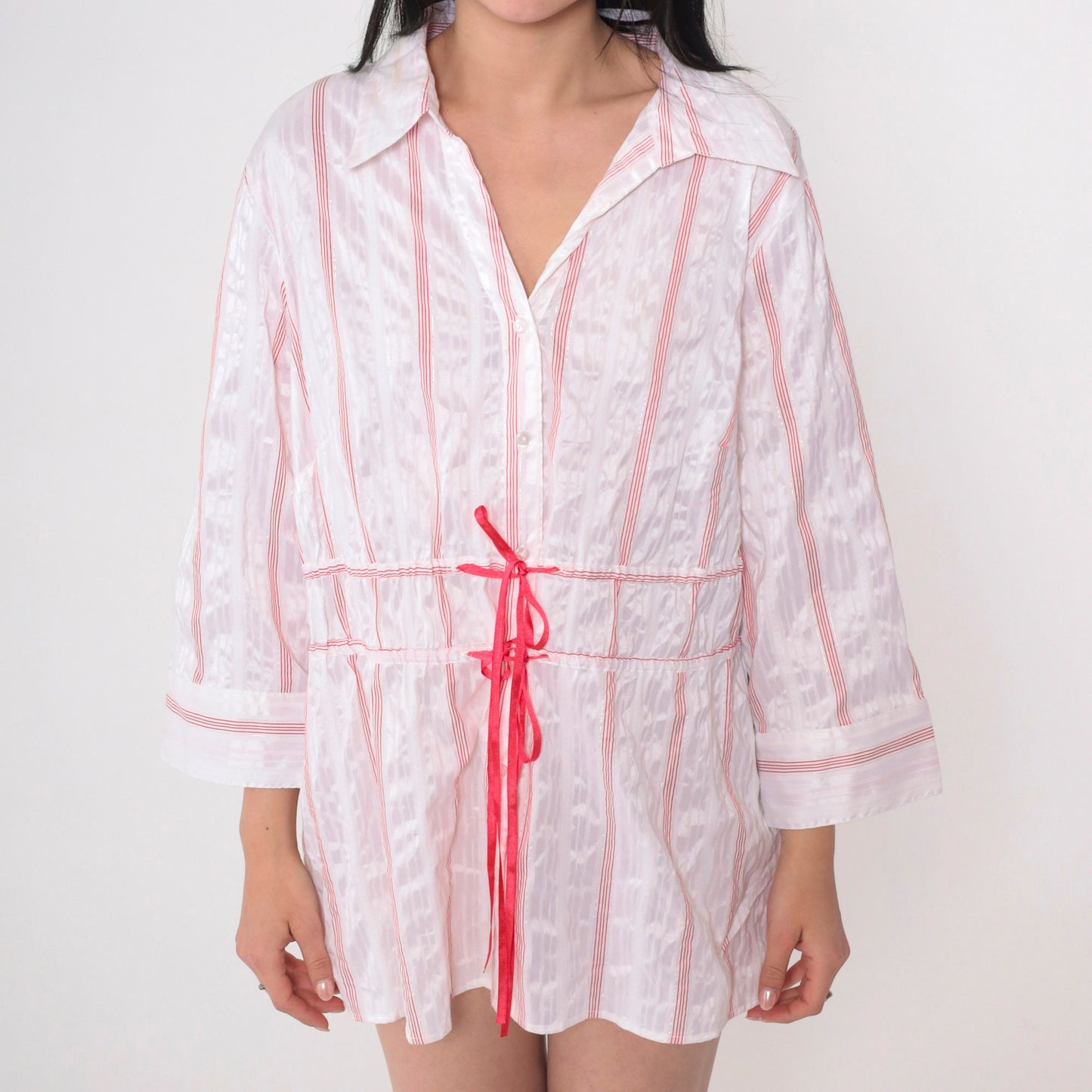 00s Striped Button-Up Blouse Y2K White Red Silver Drawstring Waist Petite Large