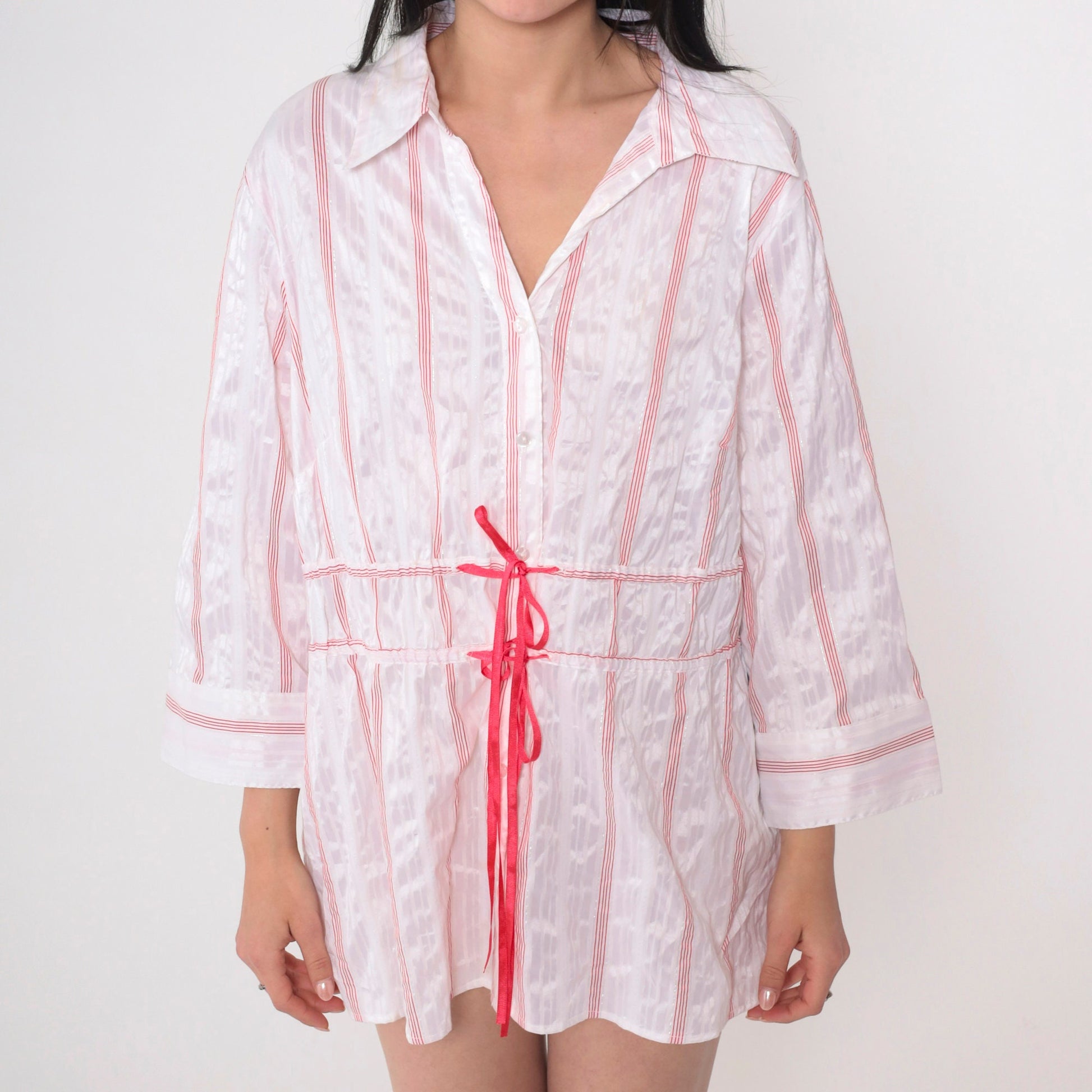 00s Striped Button-Up Blouse Y2K White Red Silver Drawstring Waist Petite Large