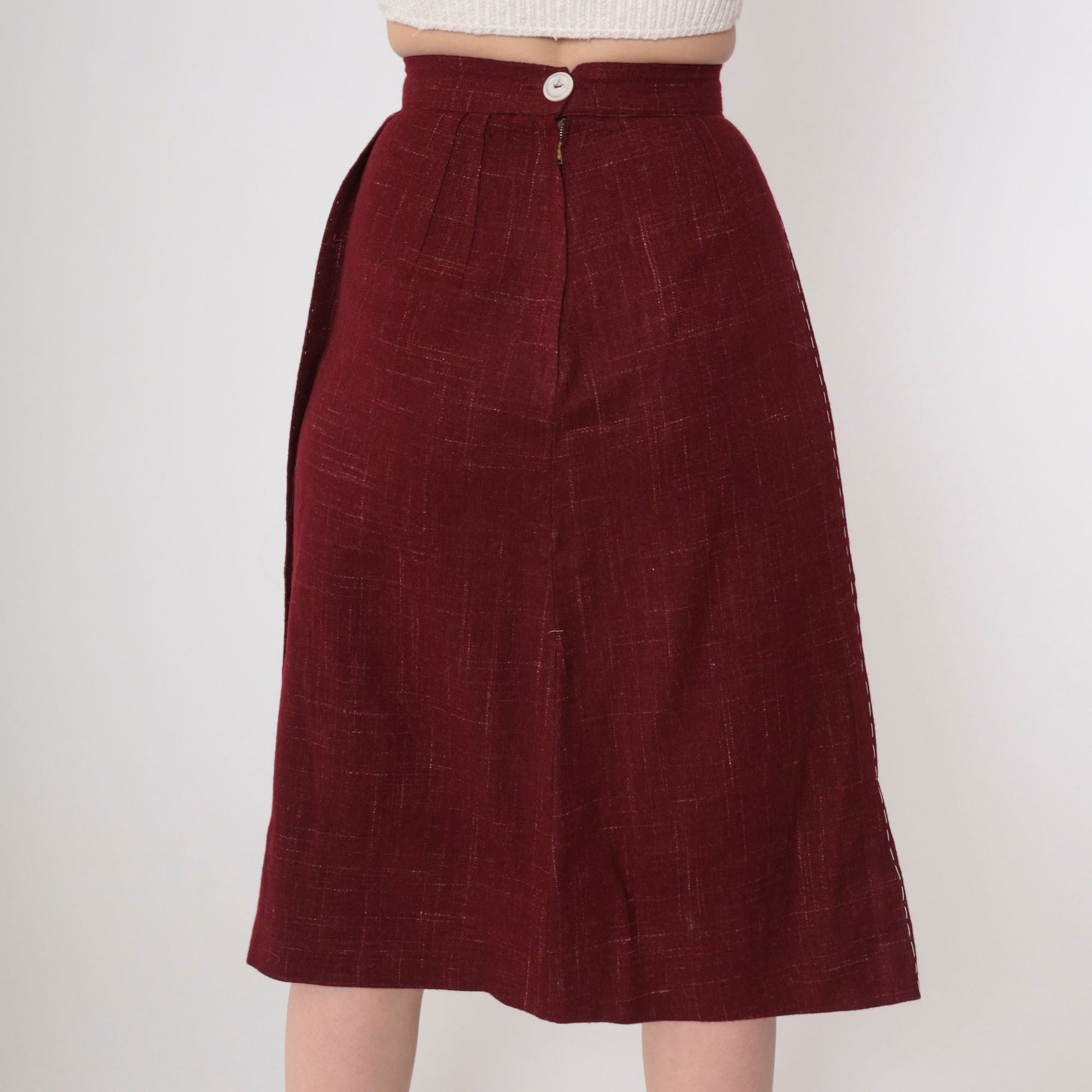 80s Dark Rust Red Midi Skirt High Waist Checkered Topstitch XXS