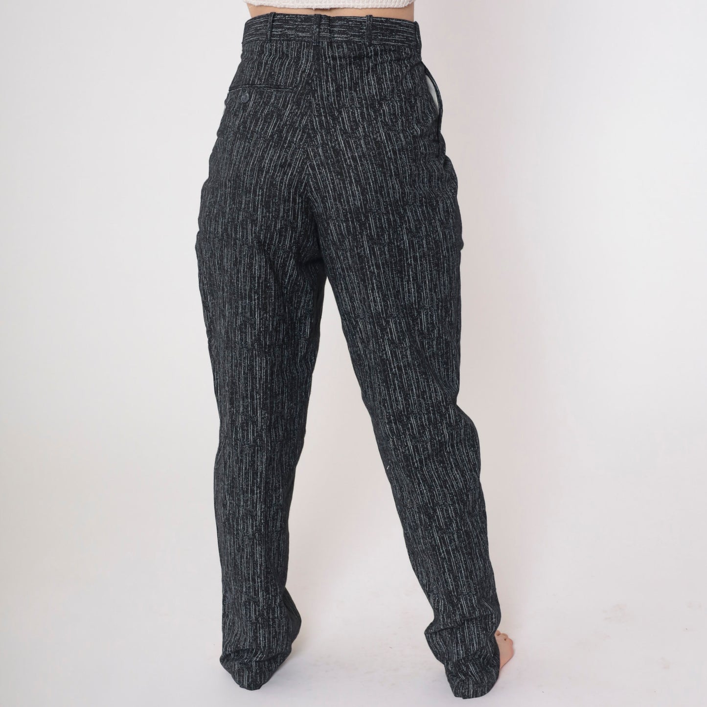 80s Striped Pleated Trousers High Waisted Tapered Black Grey Vertical Stripes Small