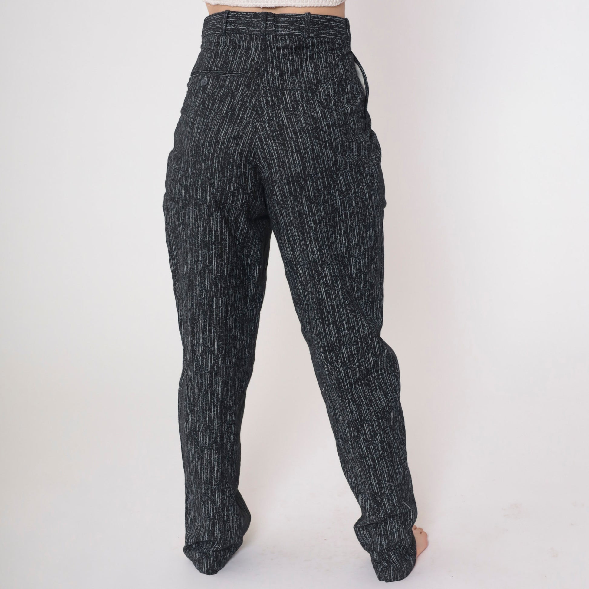 80s Striped Pleated Trousers High Waisted Tapered Black Grey Vertical Stripes Small