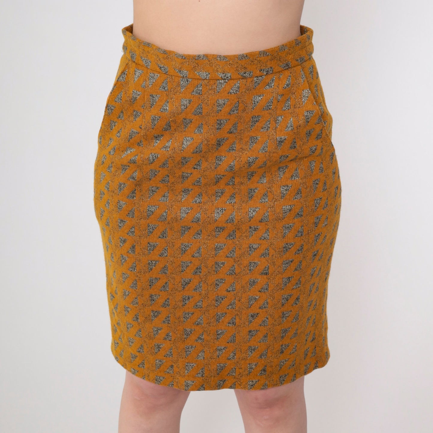 80s Orange Metallic Triangle Wool Blend Mini Pencil Skirt High Waist Small