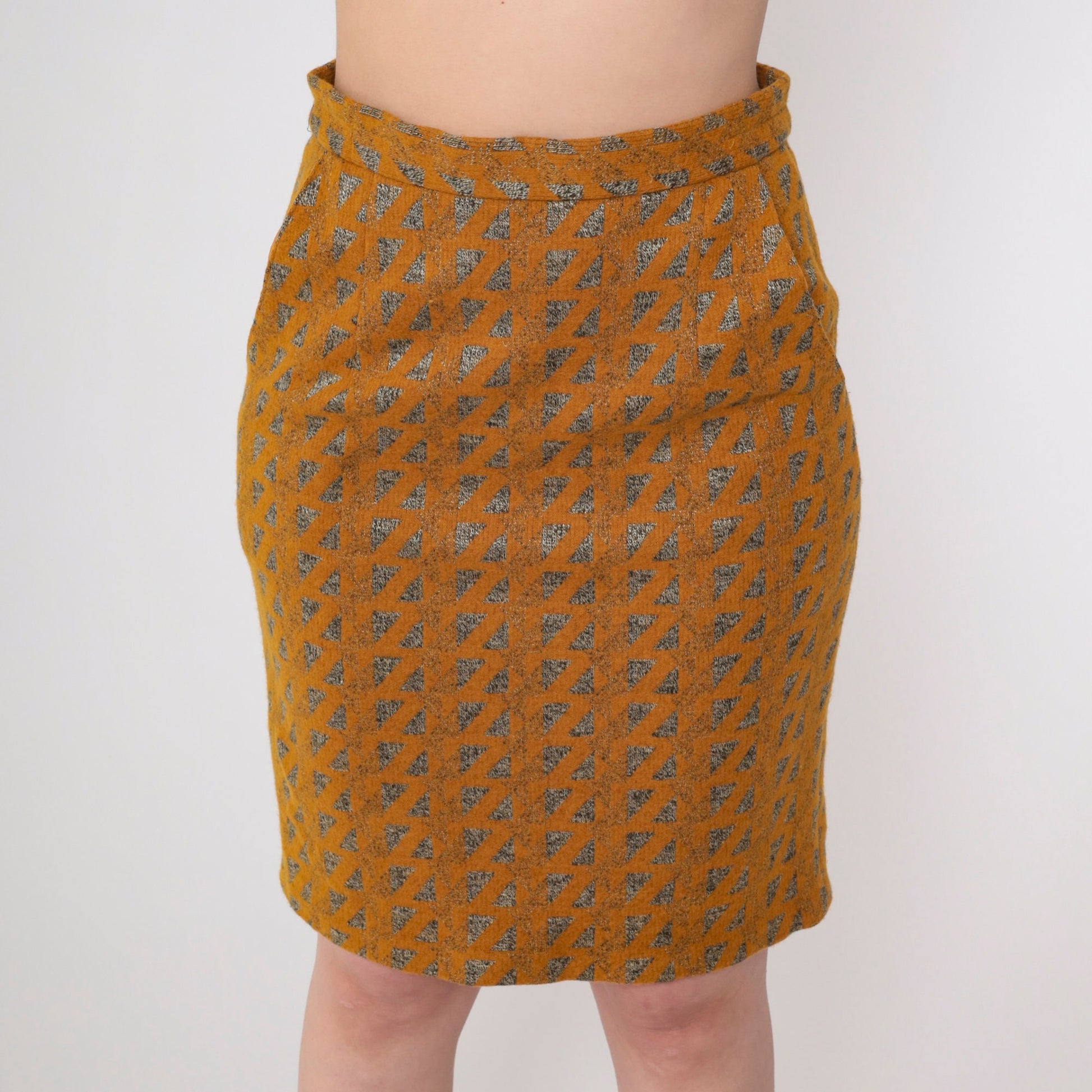 80s Orange Metallic Triangle Wool Blend Mini Pencil Skirt High Waist Small