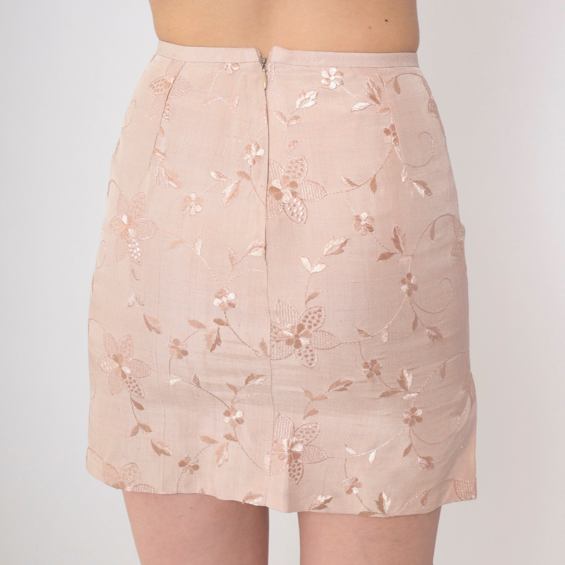 90s Embroidered Floral Mini Skirt Beige High Waisted Pencil Side Slit Extra Small
