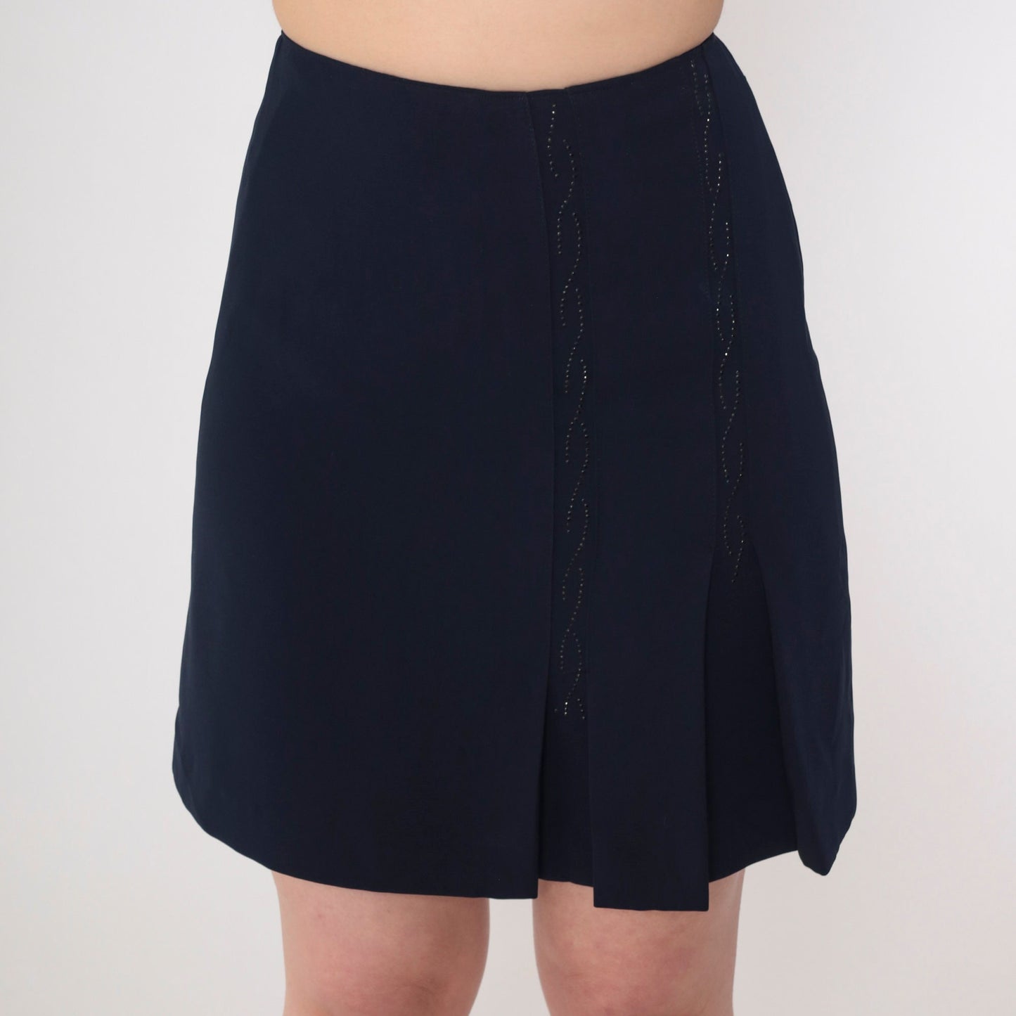 90s Navy Rhinestone Beaded Mini Skirt High Waisted Pleated Pencil Small S