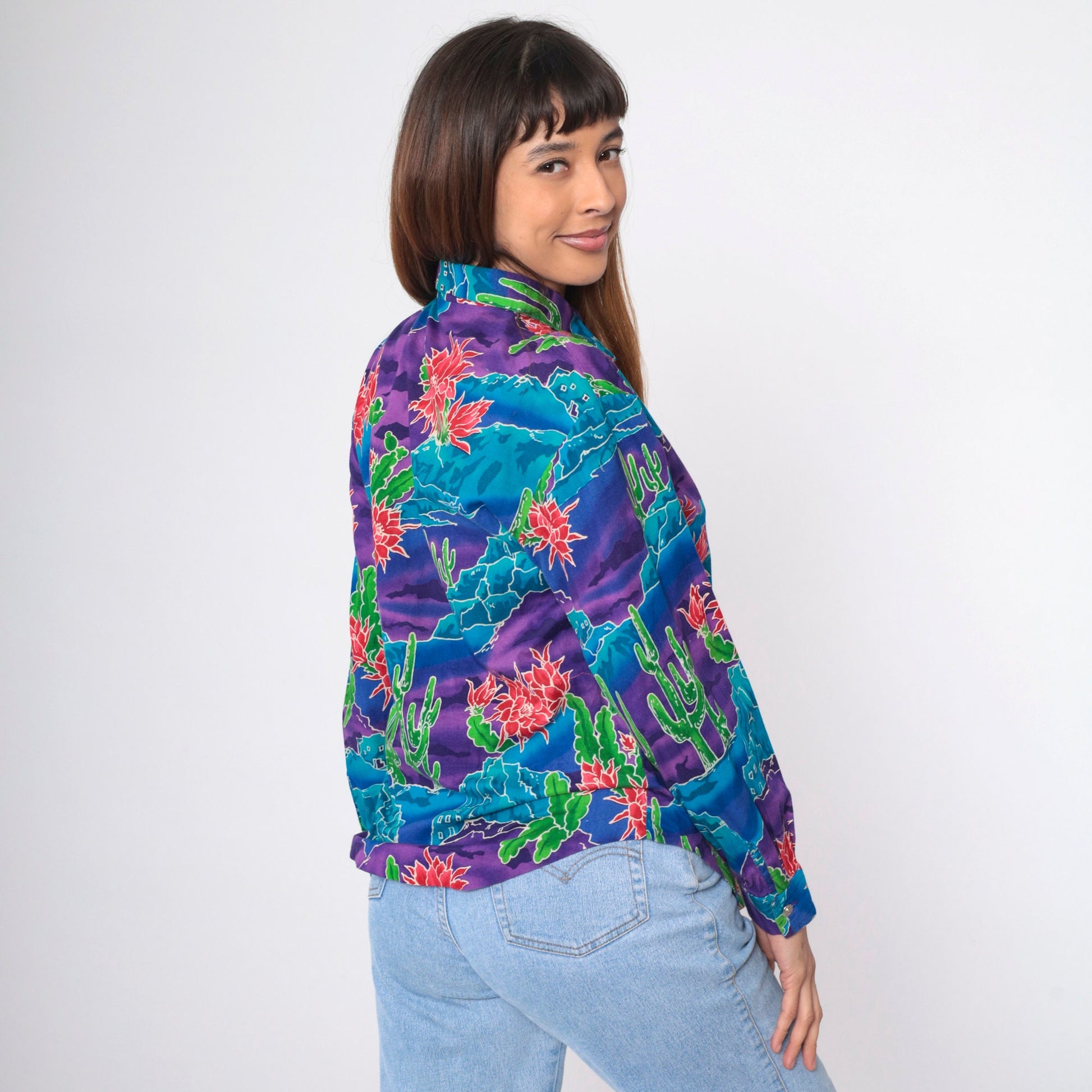 90s Southwestern Cactus Keyhole Blouse Button Up Long Sleeve Blue Purple Medium