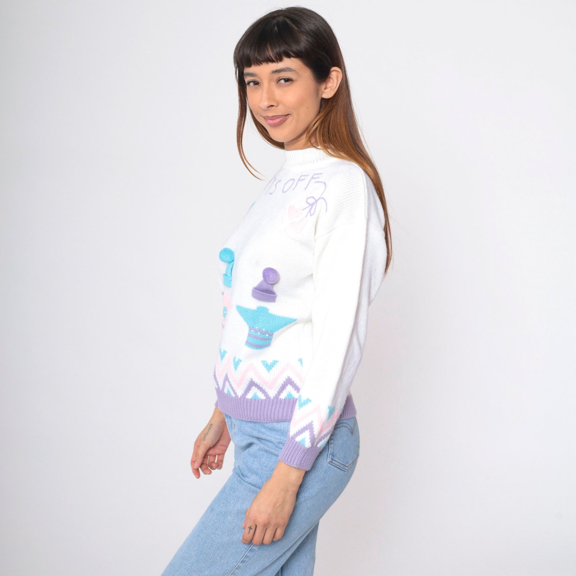 90s Hats Off Ice Skating Graphic Sweater Pastel Novelty Knit Small