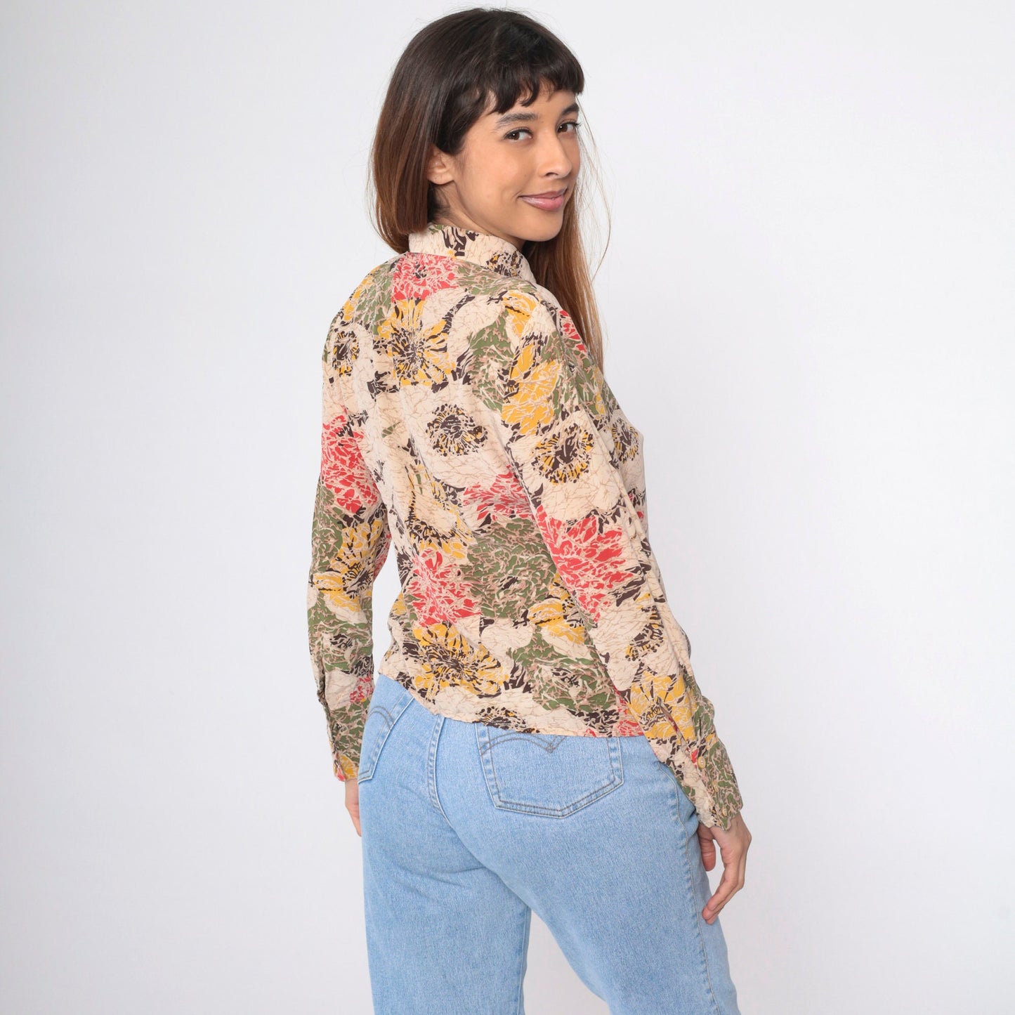 90s Abstract Floral Button-Up Blouse Beige Red Yellow Long Sleeve Medium