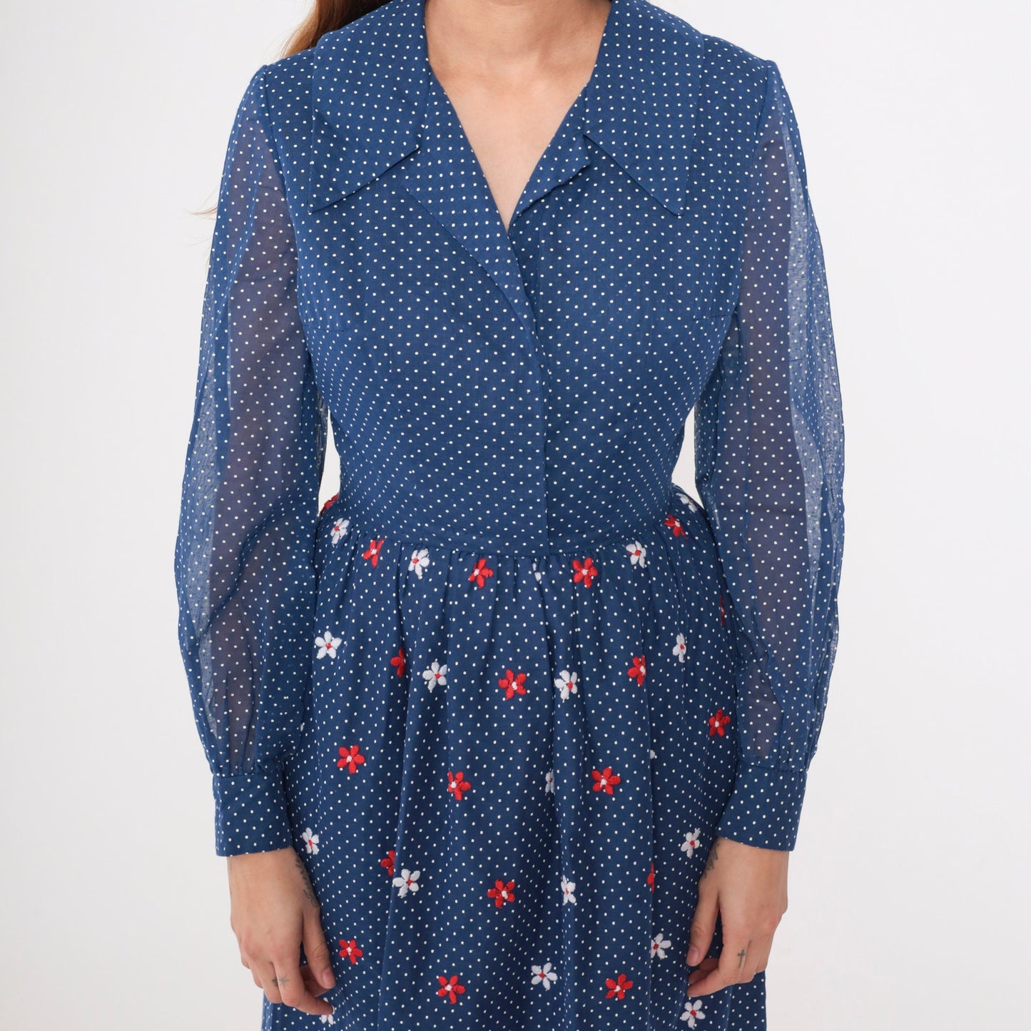 70s Blue Polka Dot Maxi Dress Floral Embroidered High Waist Sheer Sleeve Small