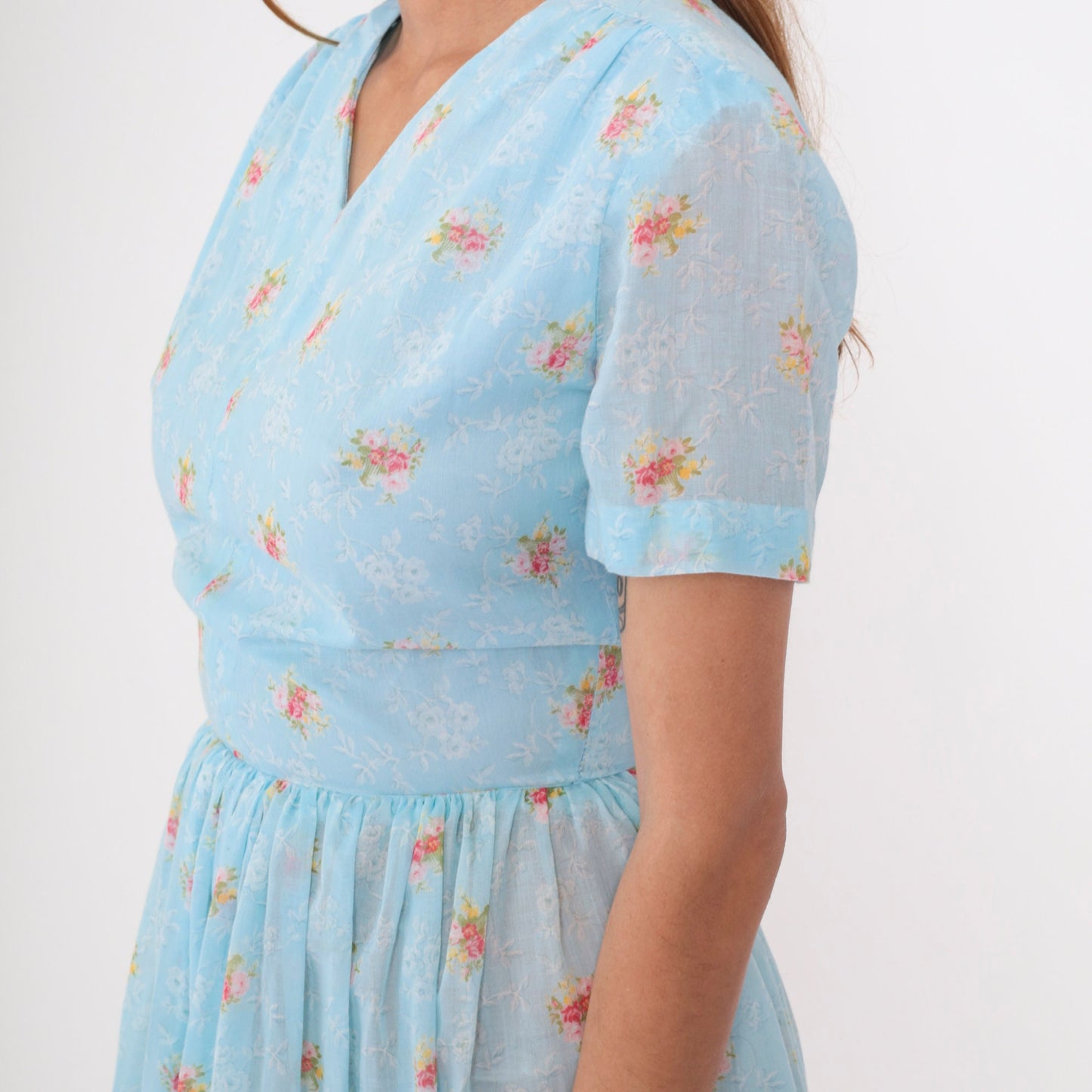 60s Blue Floral Midi Dress High Waisted V Neck Fit and Flare Small