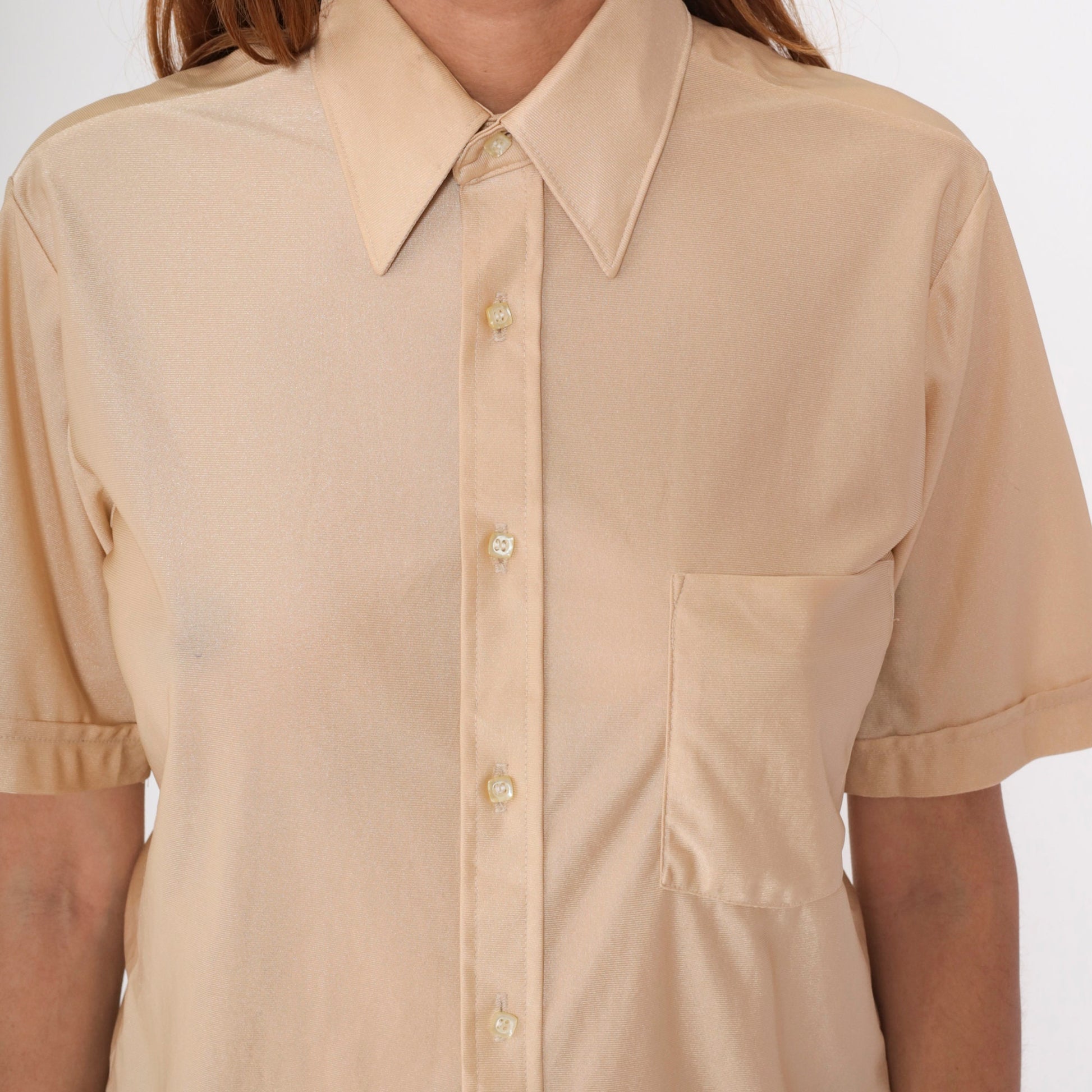 70s Tarleton Shimmery Beige Button-Up Shirt Dagger Collar Short Sleeve Men's 15