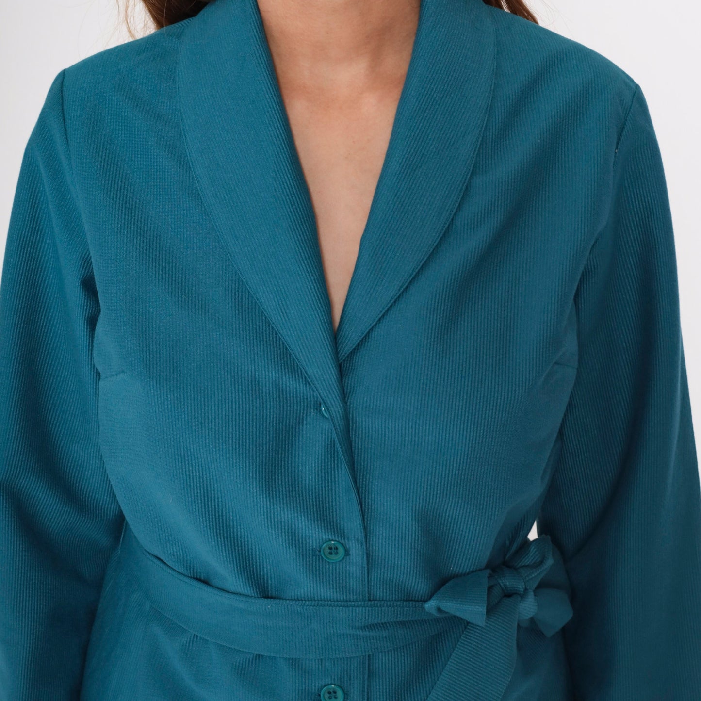 70s Teal Blue Belted Shawl Collar Jacket Ribbed Button Up Medium