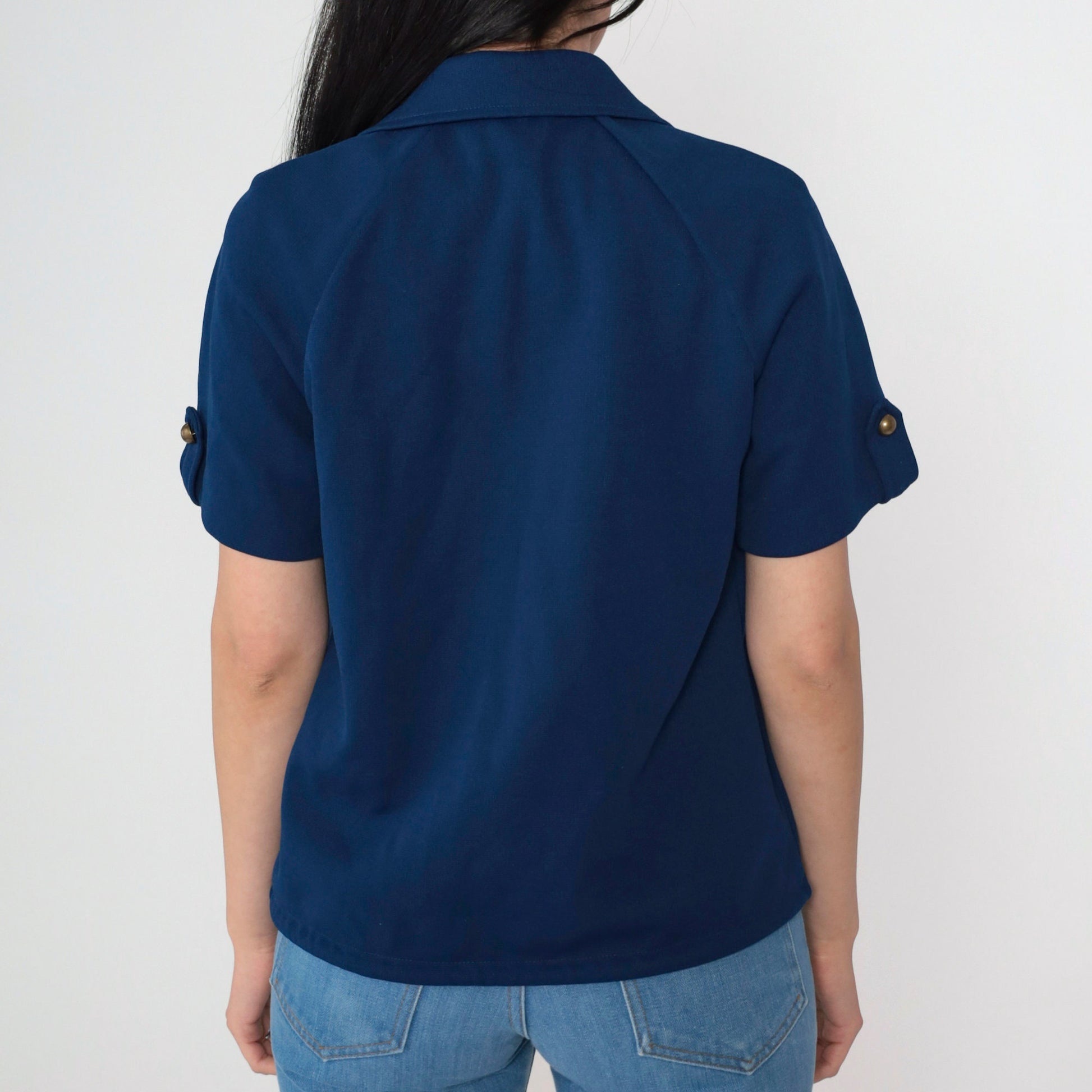 70s Navy Wing Collar Button-Up Blouse Short Roll Tab Sleeve Tie Front Medium
