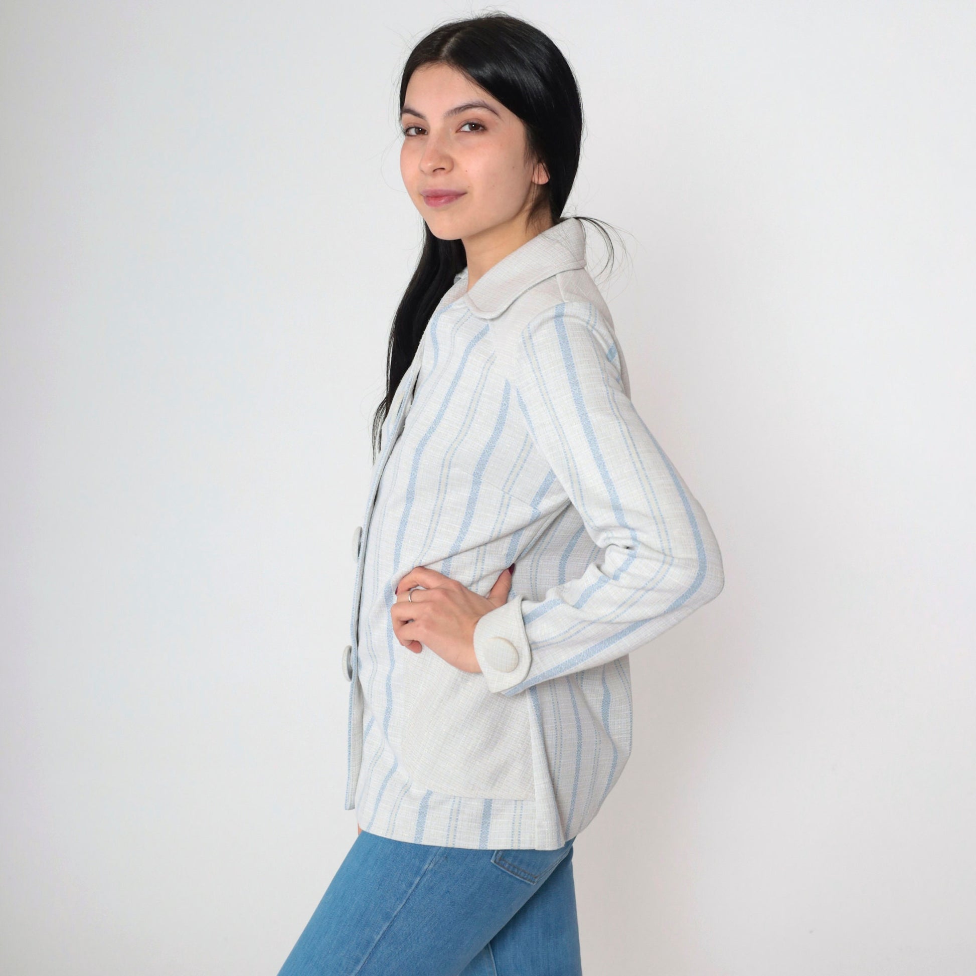 70s Striped Button-Up Blouse Grey Blue Vertical Stripes Collared V-Neck Medium