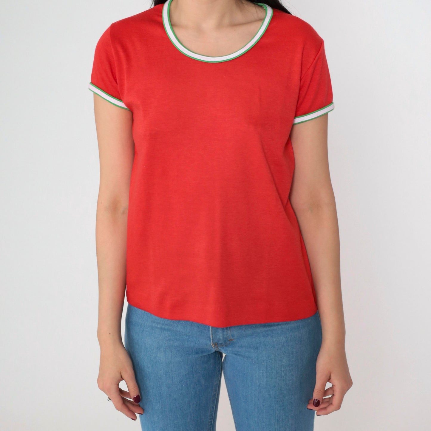 80s Red Ringer Tee Scoop Neck T-Shirt Green White Trim Medium