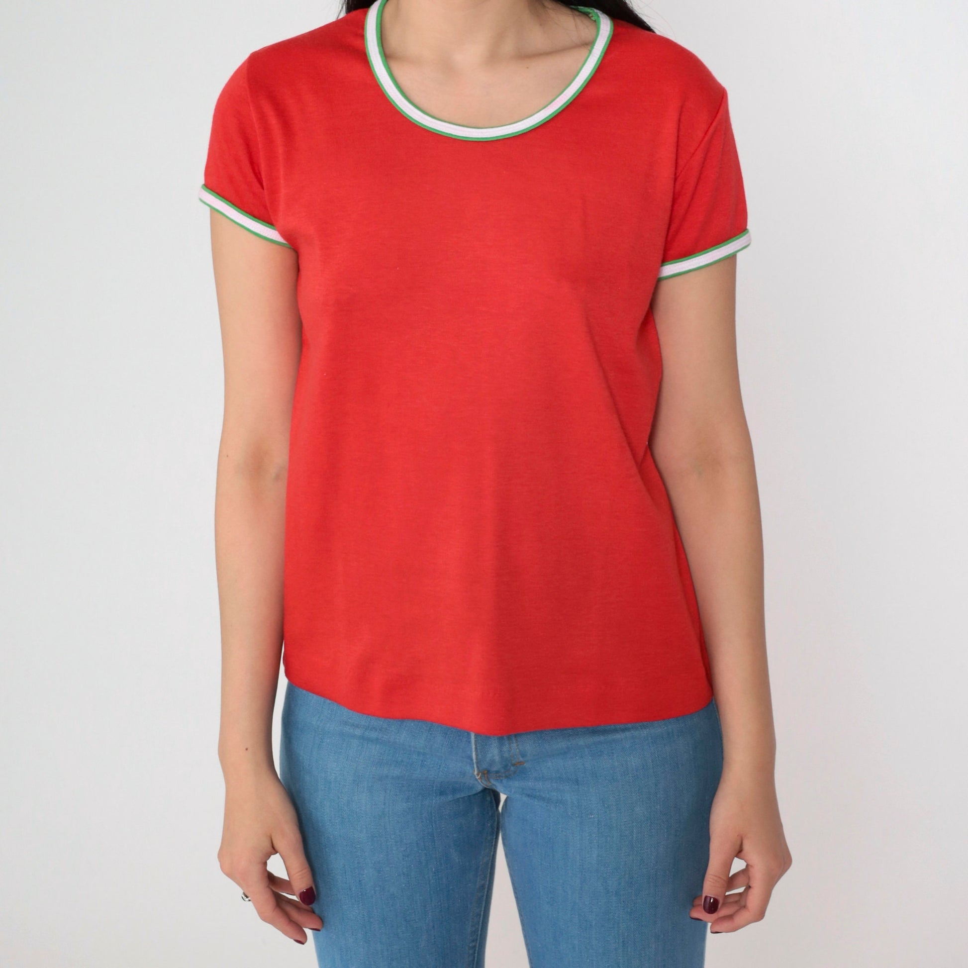 80s Red Ringer Tee Scoop Neck T-Shirt Green White Trim Medium