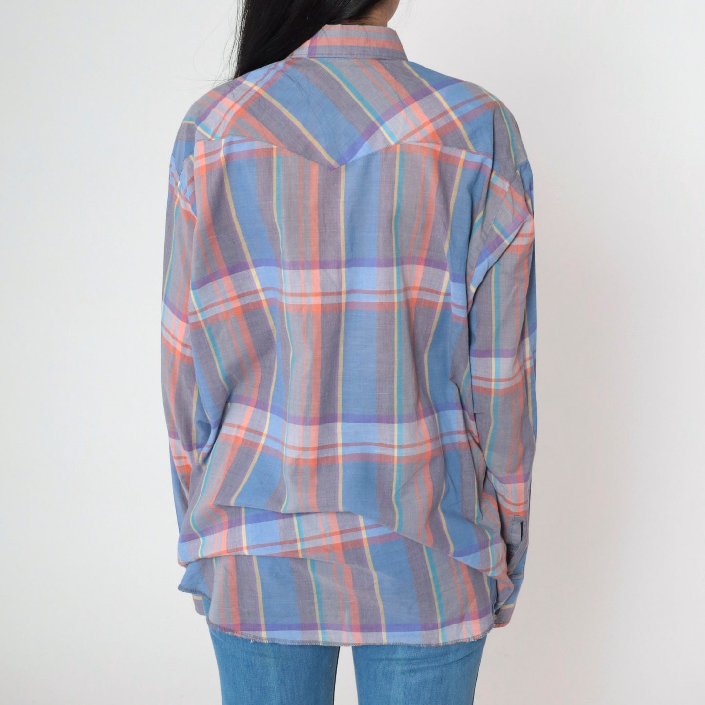 90s Wrangler Plaid Pearl Snap Western Shirt Blue Grey Orange Extra Large