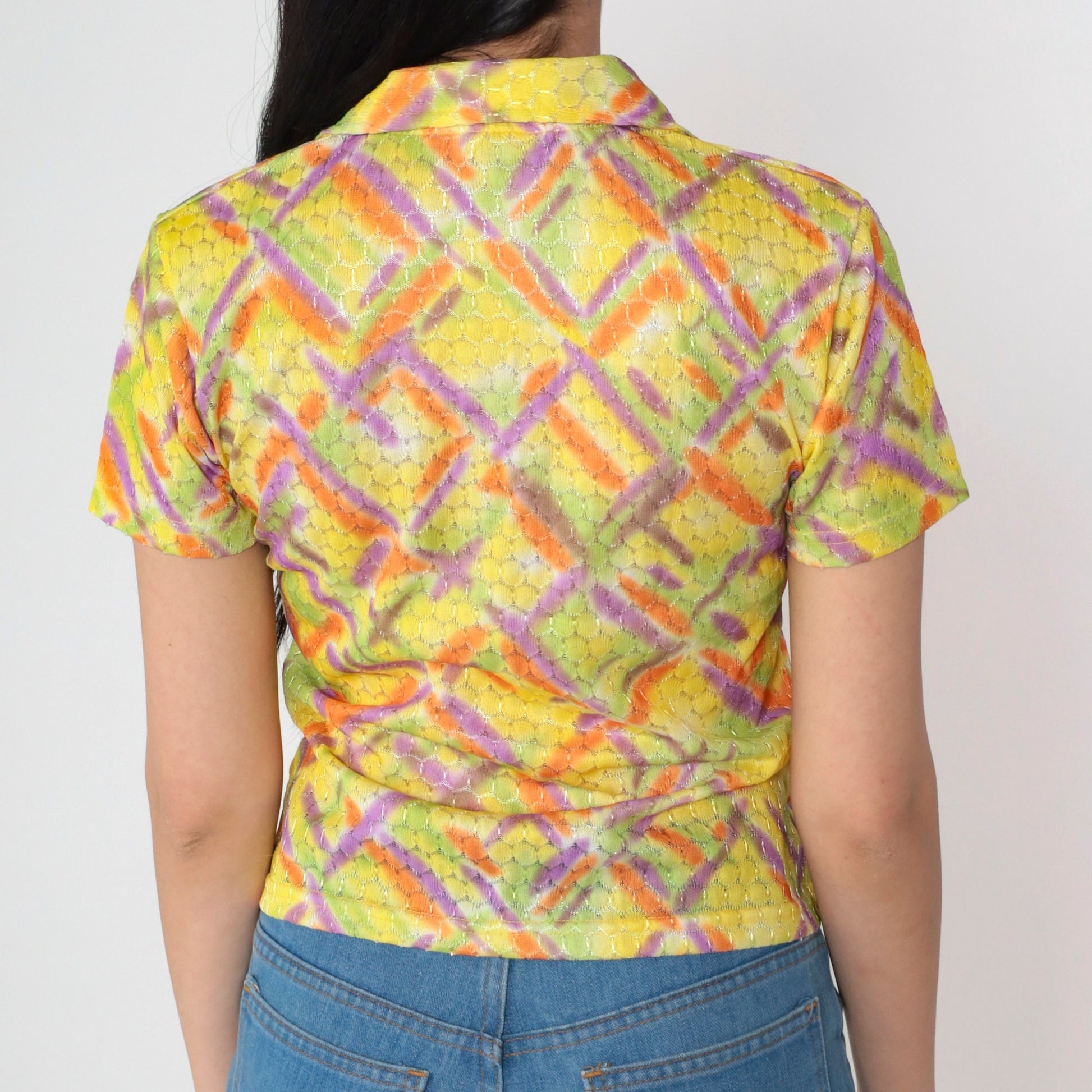 00s Metallic Abstract Criss Cross Collared Shirt Yellow Geometric Small S